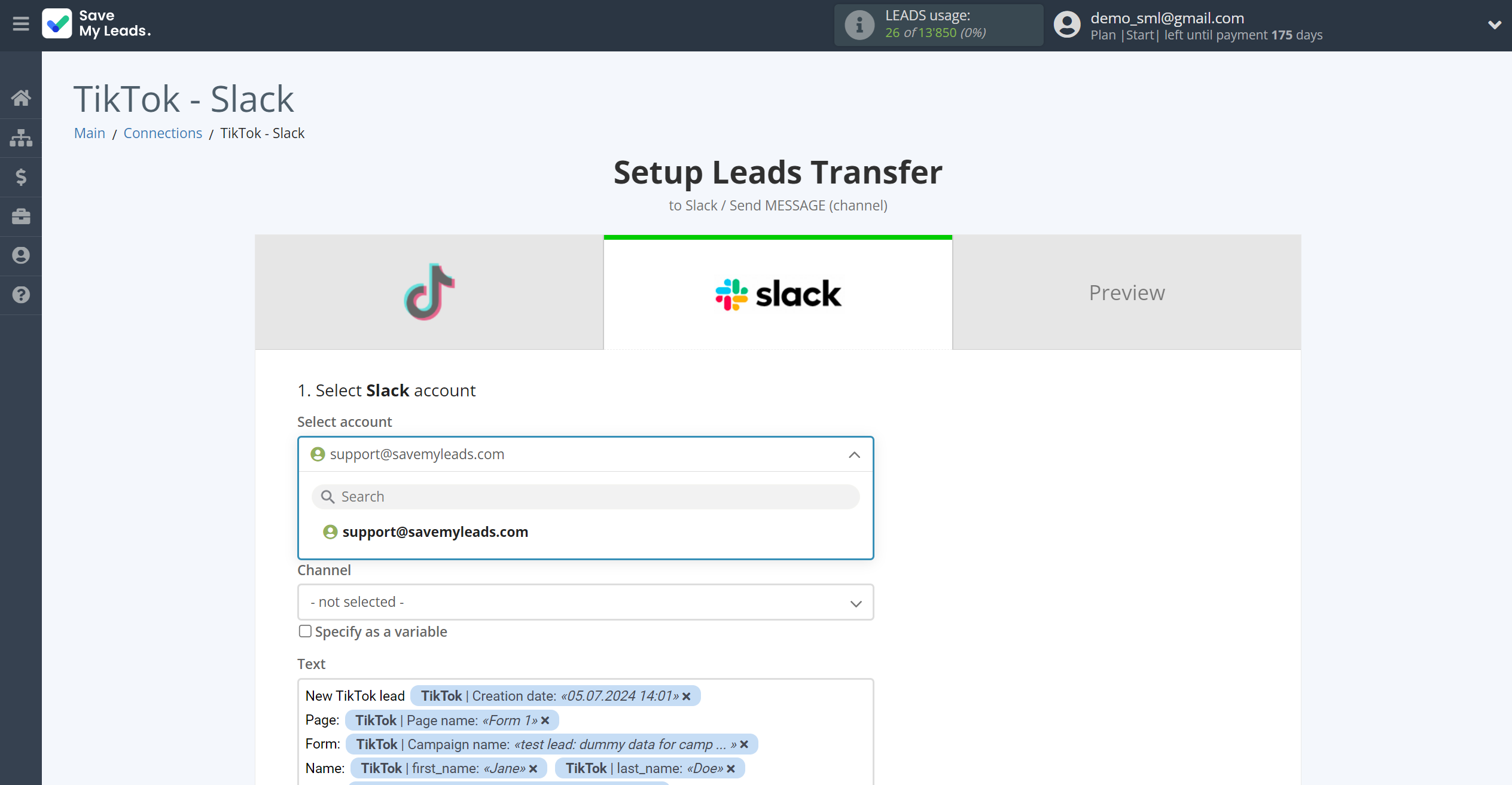 How to Connect TikTok with Slack Channel Notification | Data Destination account selection How to Connect TikTok with Slack Channel Notification | Data Destination account selection