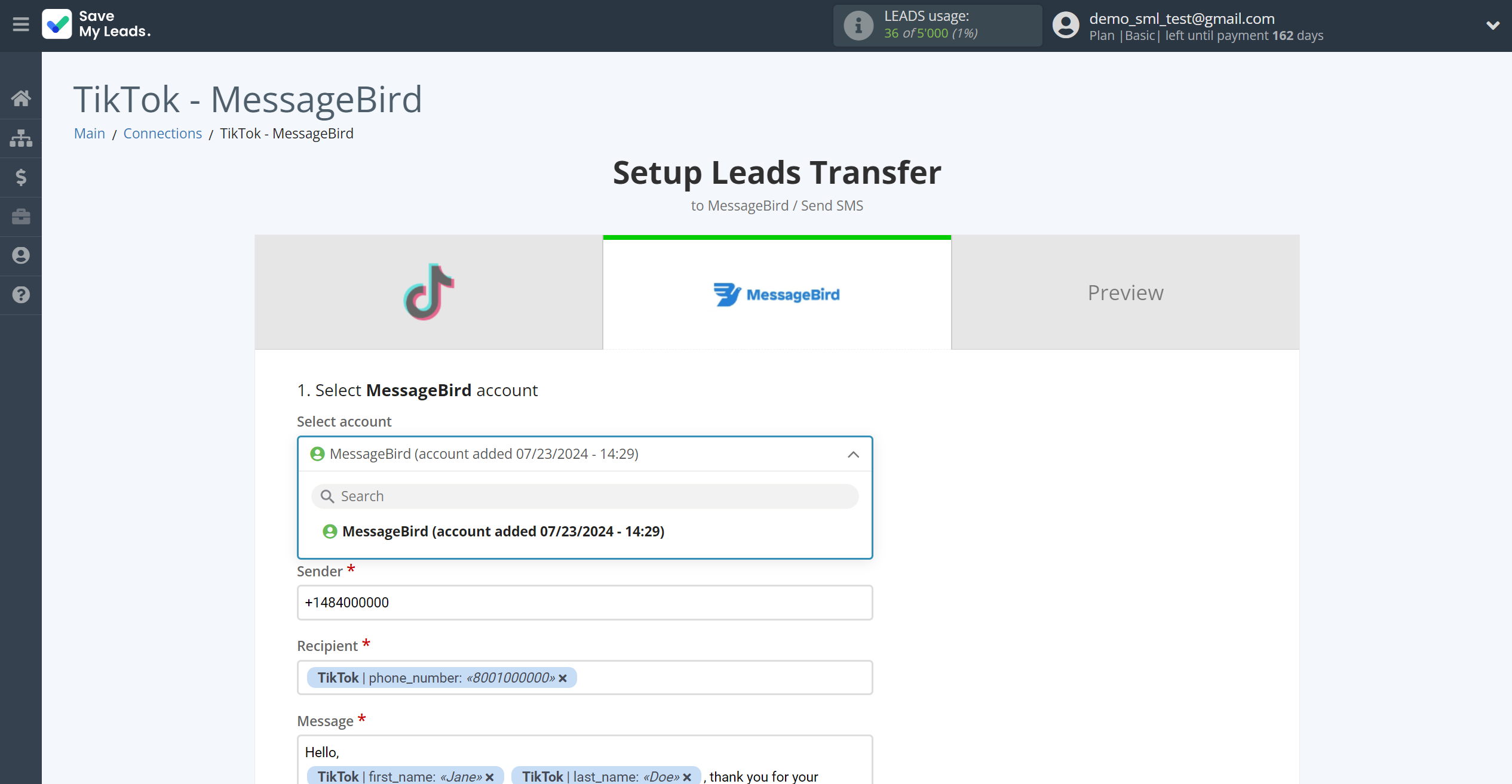 How to Connect TikTok with MessageBird | Data Destination account selection How to Connect TikTok with MessageBird | Data Destination account selection