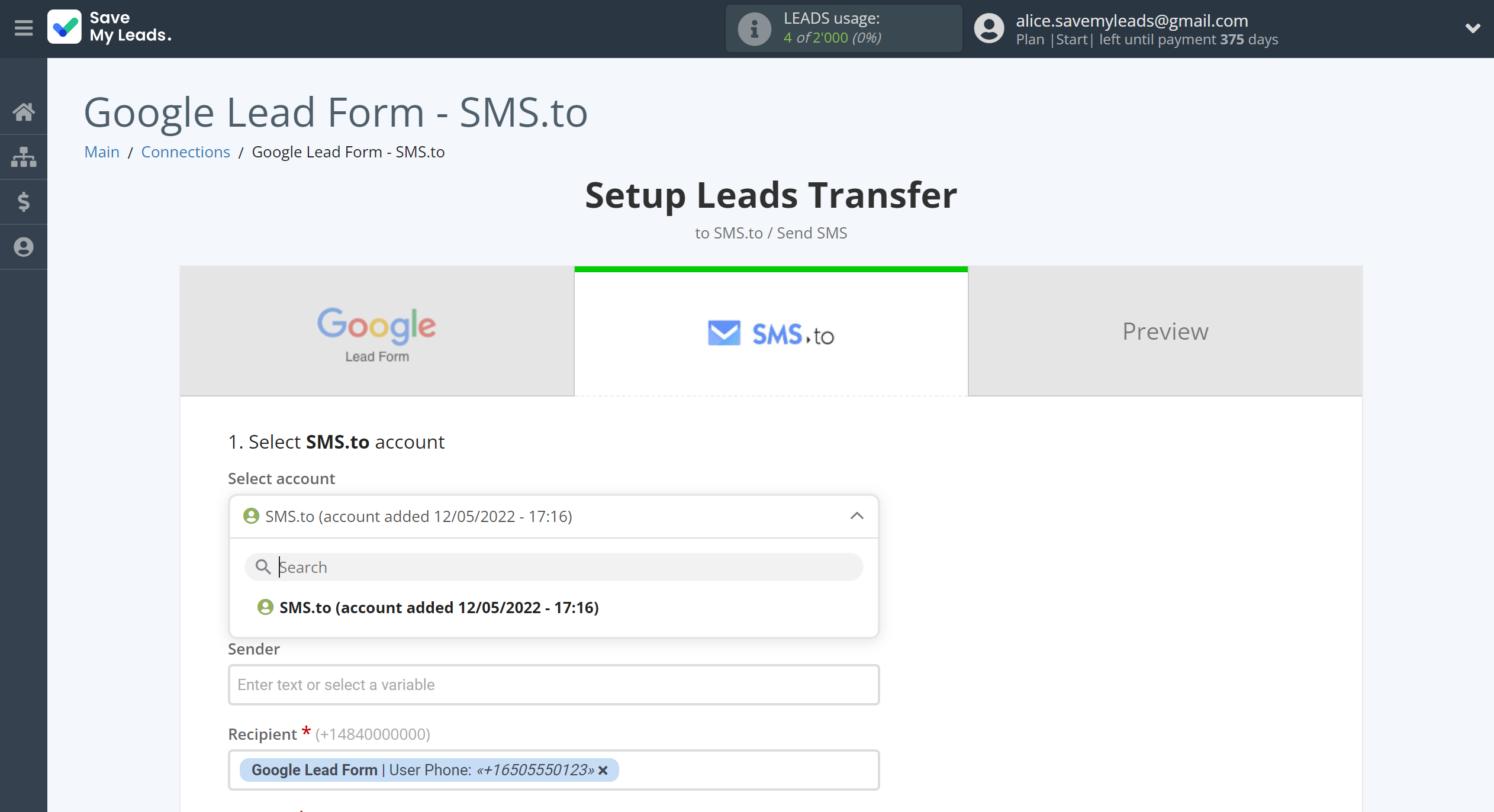 How to Connect Google Lead Form with SMS.to | Data Destination account selection How to Connect Google Lead Form with SMS.to | Data Destination account selection