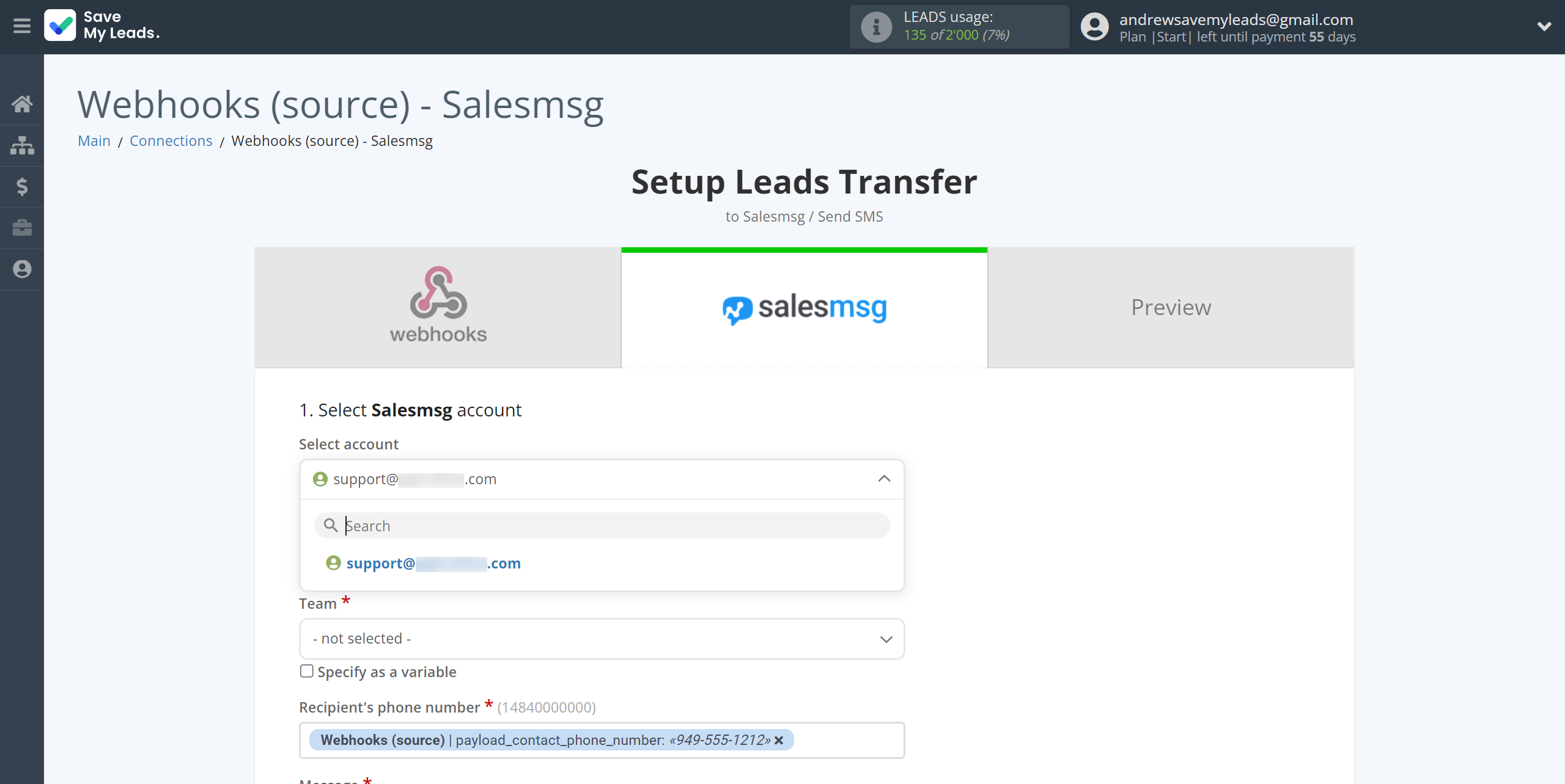 How to Connect Webhooks with Salesmsg | Data Destination account selection How to Connect Webhooks with Salesmsg | Data Destination account selection