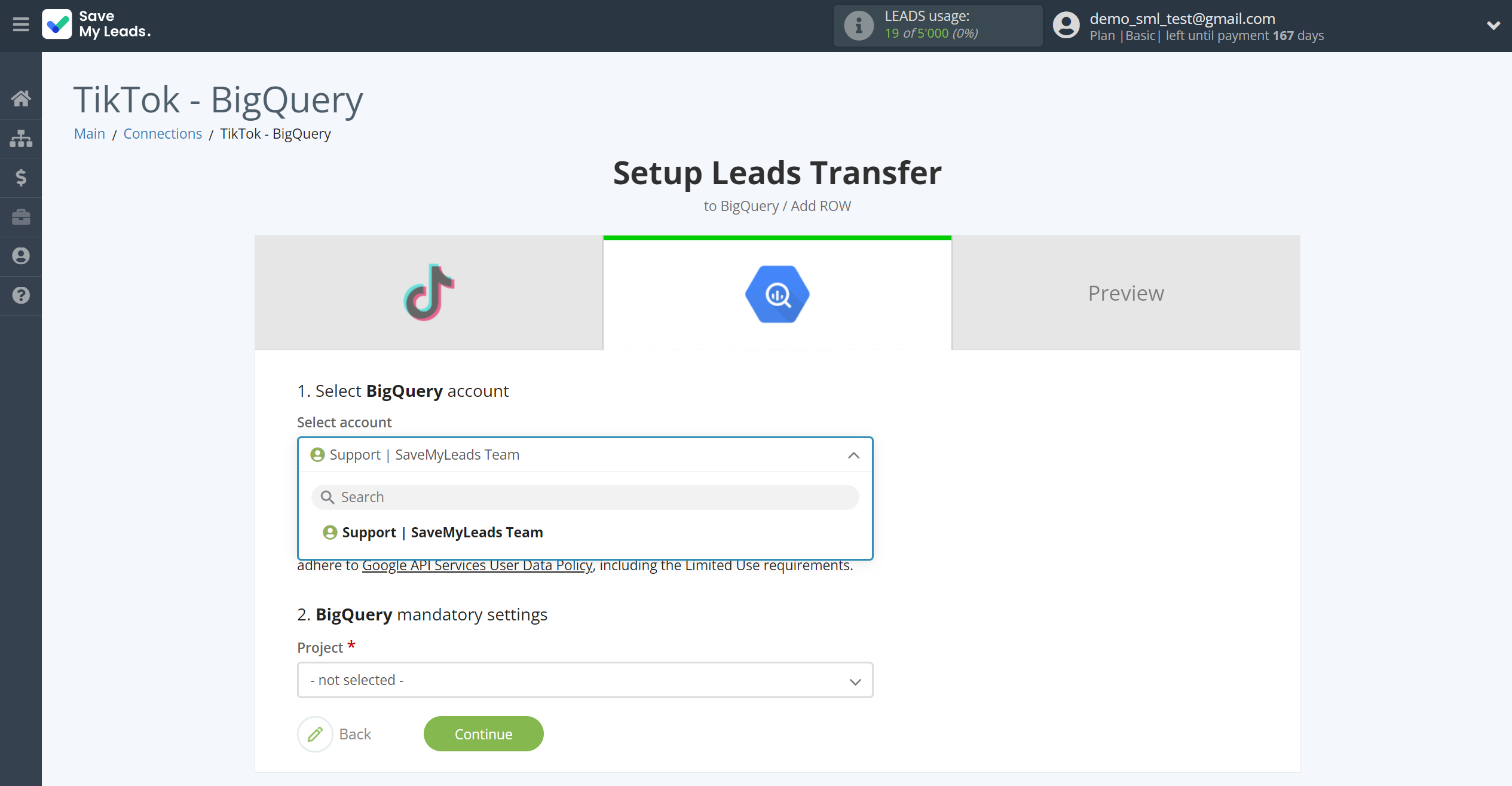 How to Connect TikTok with BigQuery | Data Destination account selection How to Connect TikTok with BigQuery | Data Destination account selection