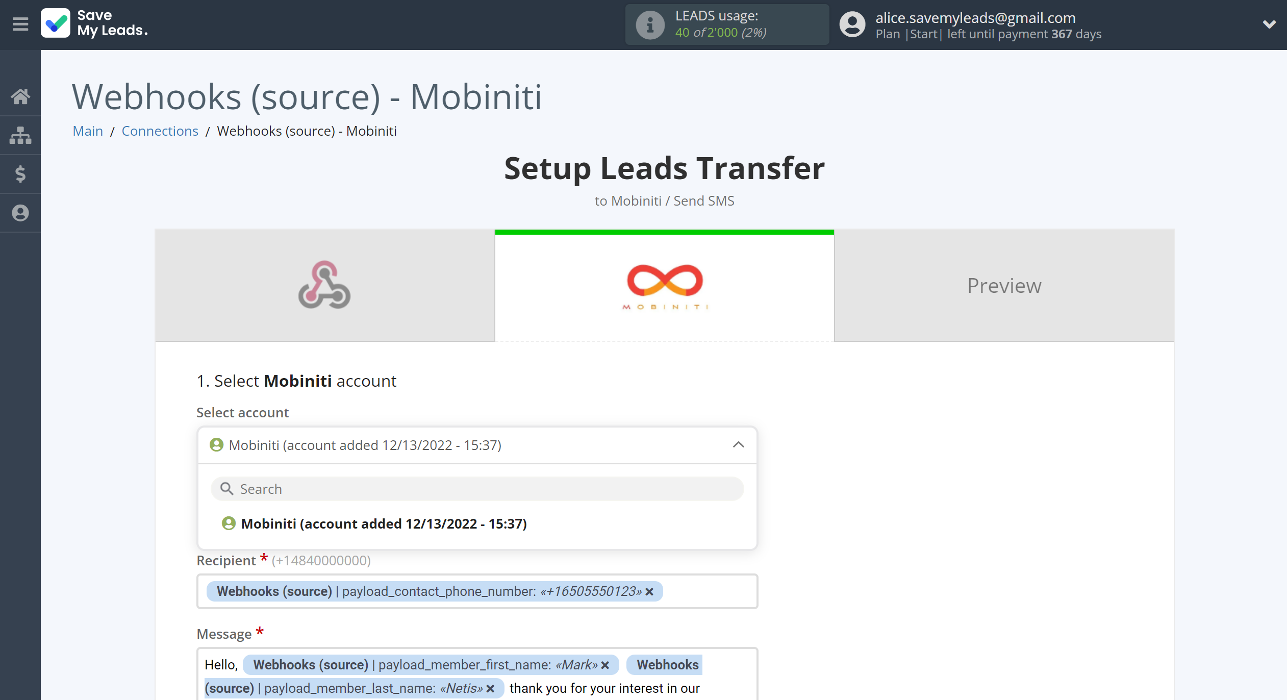 How to Connect Webhooks with Mobiniti | Data Destination account selection How to Connect Webhooks with Mobiniti | Data Destination account selection