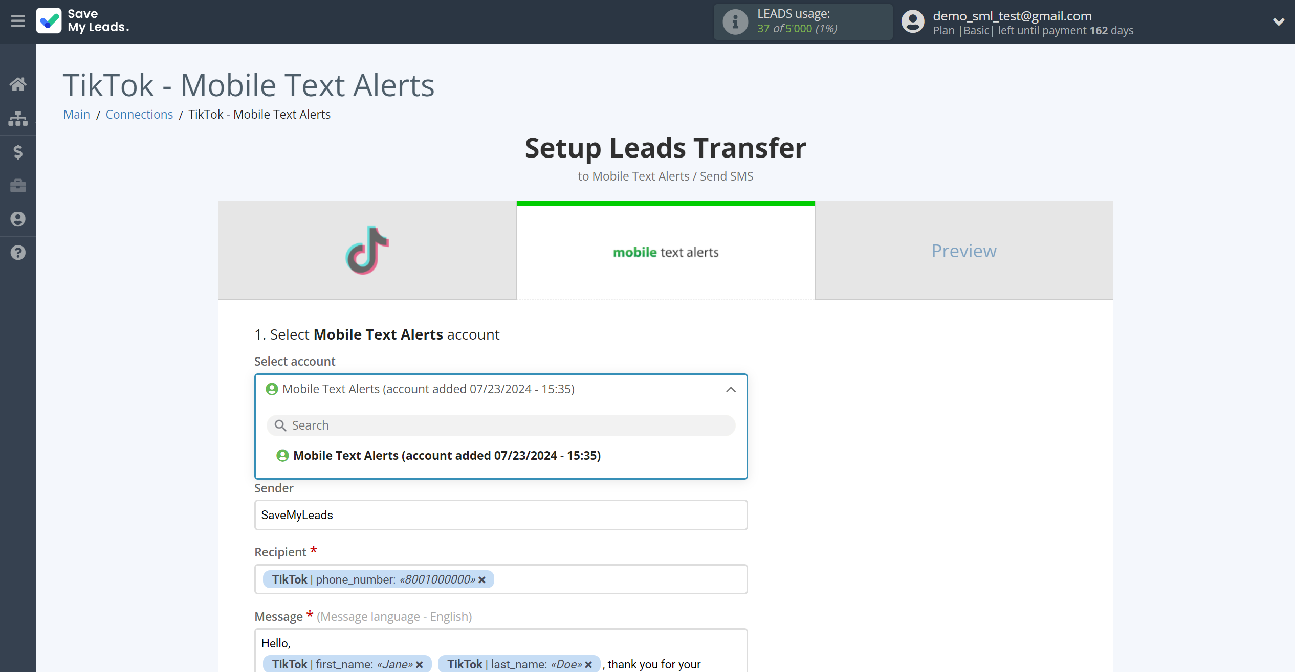 How to Connect TikTok with Mobile Text Alerts | Data Destination account selection How to Connect TikTok with Mobile Text Alerts | Data Destination account selection