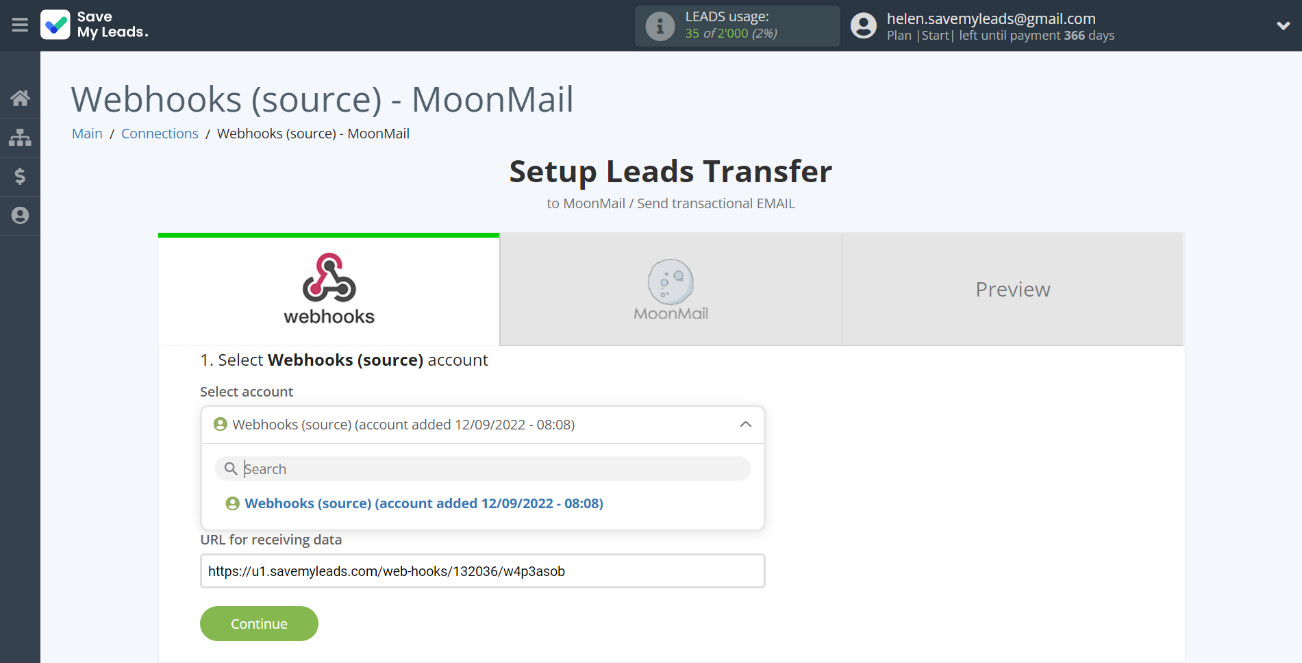 How to Connect Webhooks with MoonMail | Data Source account selection How to Connect Webhooks with MoonMail | Data Source account selection