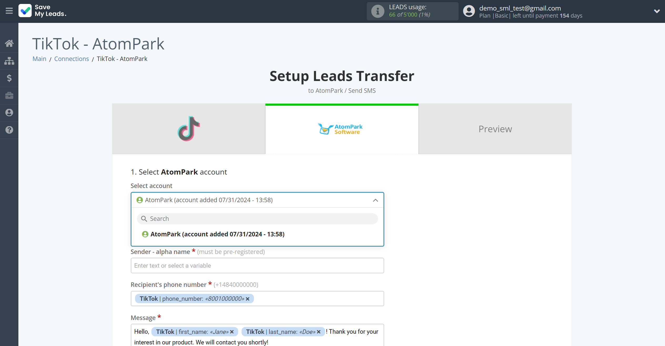 How to Connect TikTok with AtomPark | Data Destination account selection How to Connect TikTok with AtomPark | Data Destination account selection