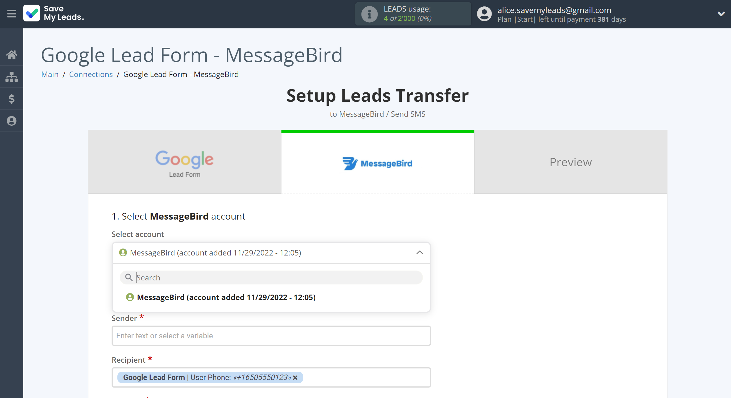 How to Connect Google Lead Form with MessageBird | Data Destination account selection How to Connect Google Lead Form with MessageBird | Data Destination account selection