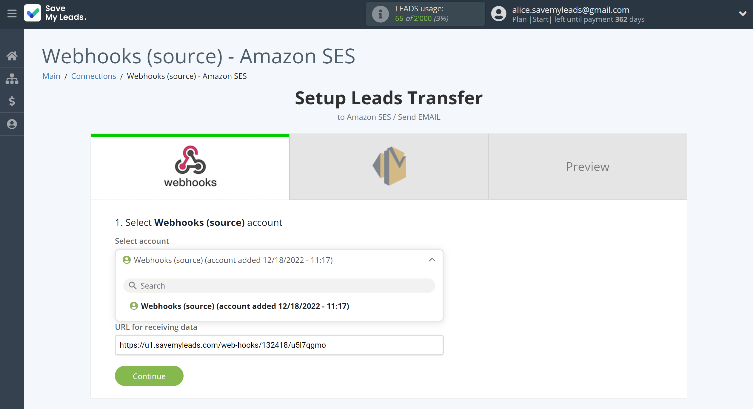 How to Connect Webhooks with Amazon SES | Data Source account selection How to Connect Webhooks with Amazon SES | Data Source account selection