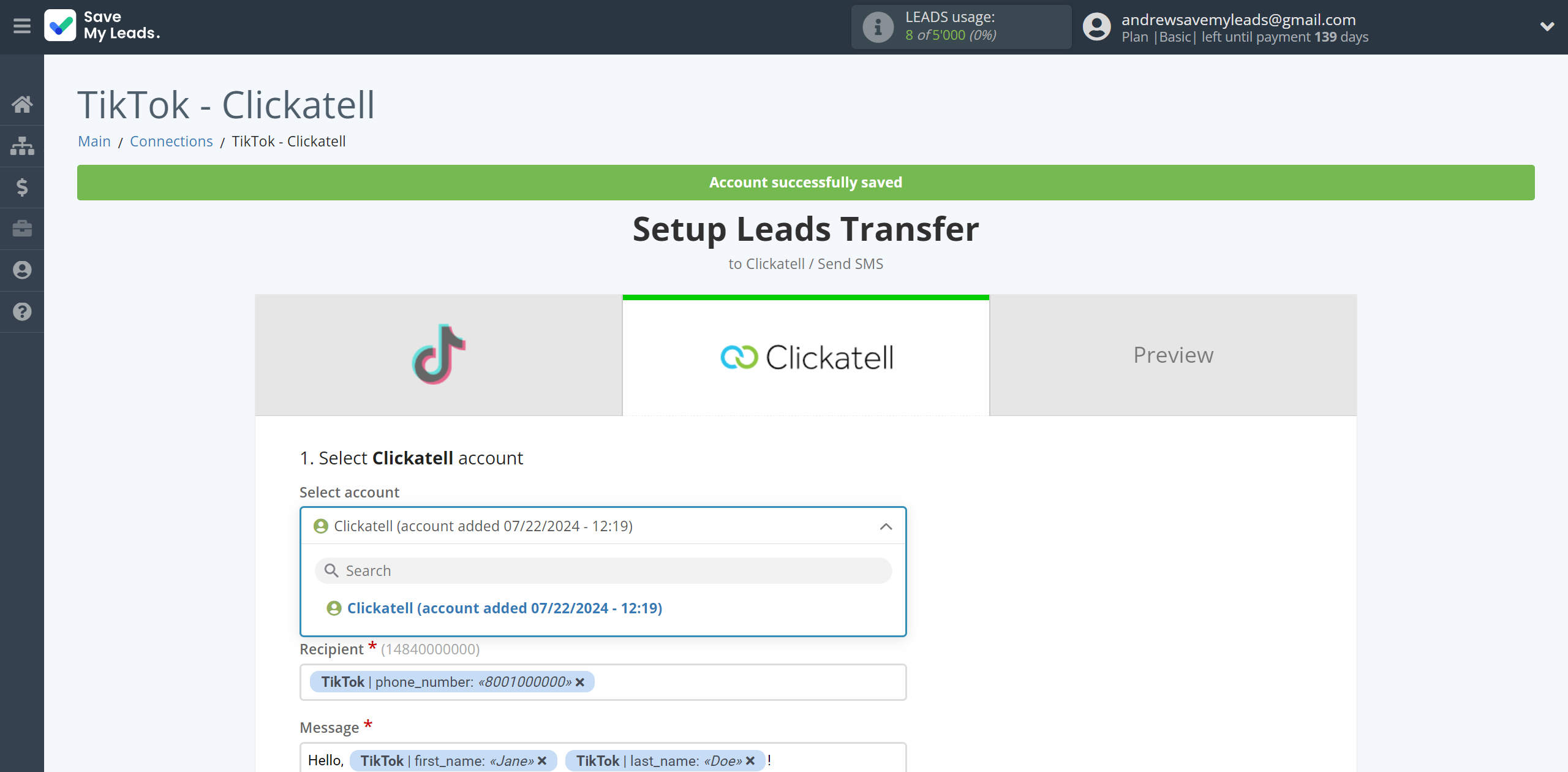 How to Connect TikTok with Clickatell | Data Destination account selection How to Connect TikTok with Clickatell | Data Destination account selection