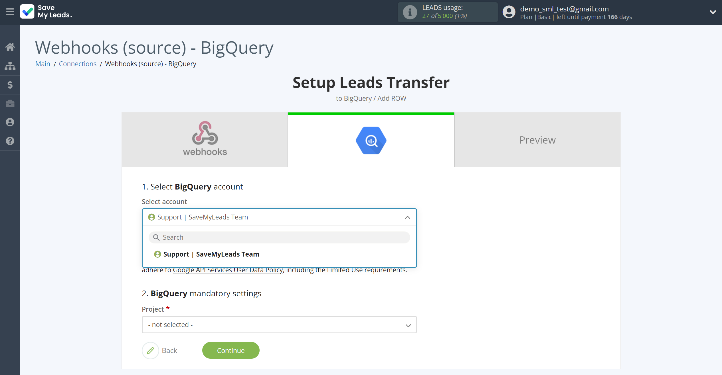 How to Connect Webhooks with BigQuery | Data Destination account selection How to Connect Webhooks with BigQuery | Data Destination account selection