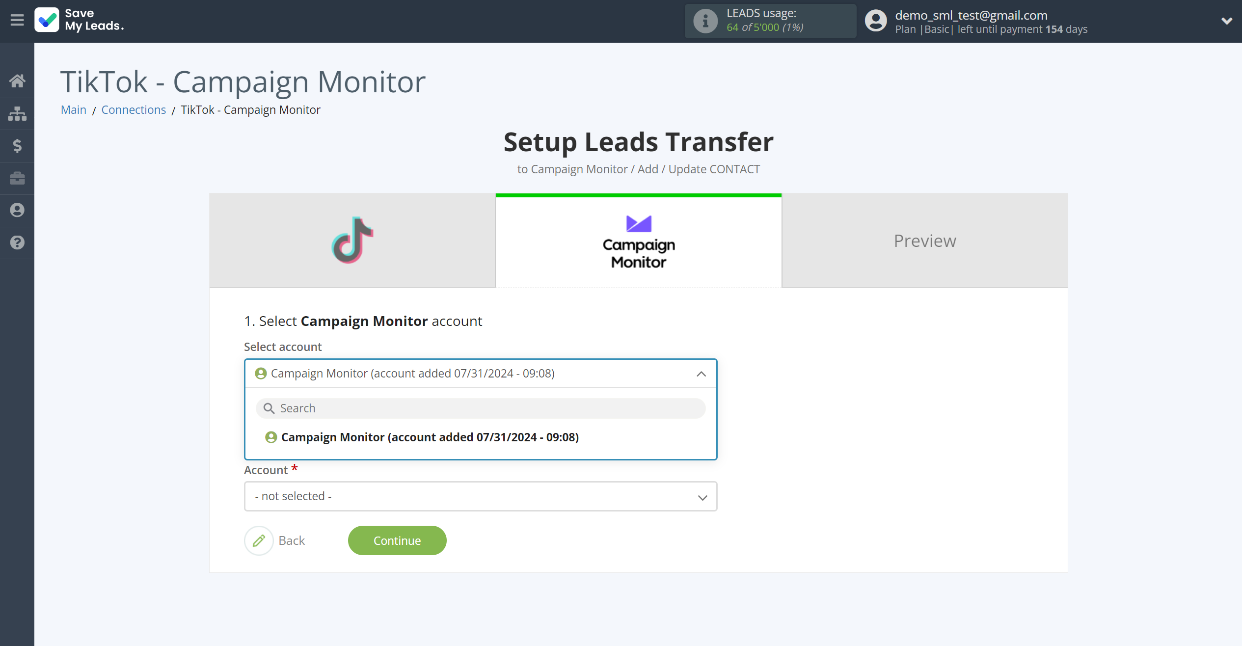 How to Connect TikTok with Campaign Monitor | Data Destination account selection How to Connect TikTok with Campaign Monitor | Data Destination account selection