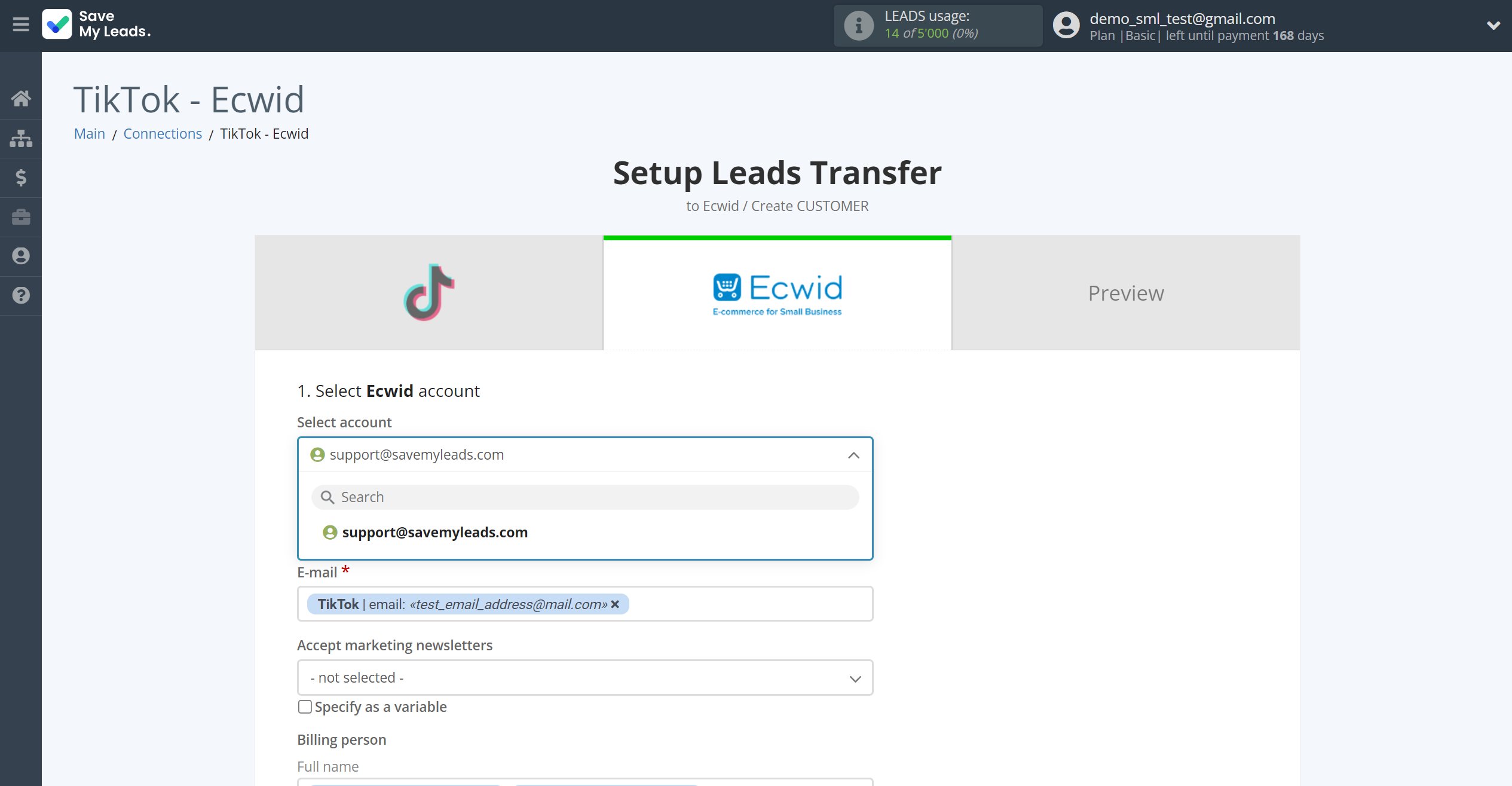 How to Connect TikTok with Ecwid Create Customers | Data Destination account selection How to Connect TikTok with Ecwid Create Customers | Data Destination account selection
