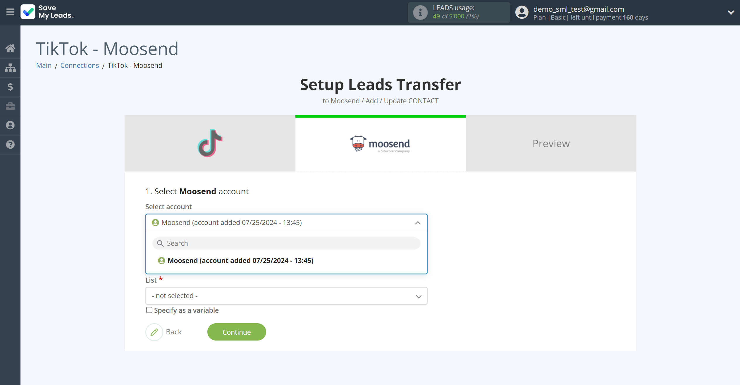 How to Connect TikTok with Moosend | Data Destination account selection How to Connect TikTok with Moosend | Data Destination account selection