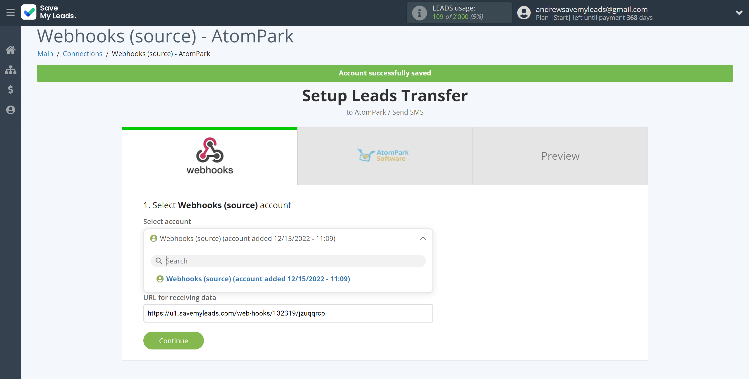How to Connect Webhooks with AtomPark | Data Source account selection How to Connect Webhooks with AtomPark | Data Source account selection