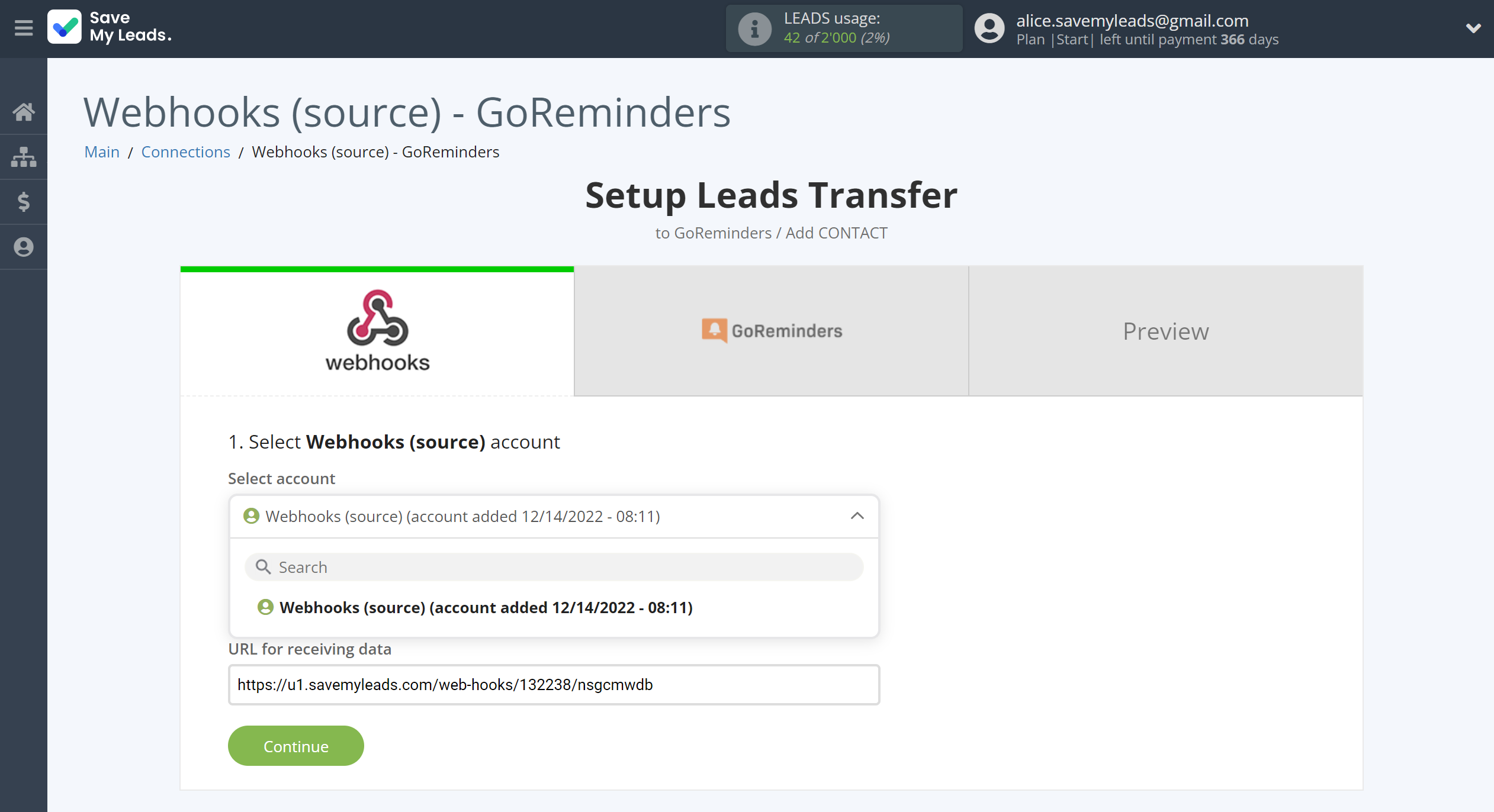 How to Connect Webhooks with GoReminders | Data Source account selection How to Connect Webhooks with GoReminders | Data Source account selection