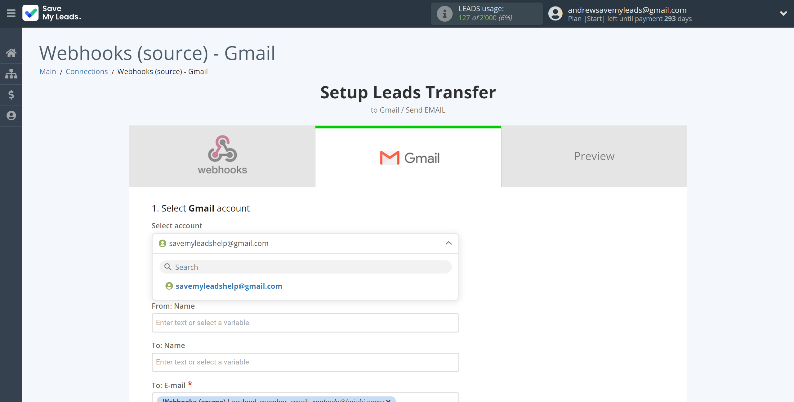 How to Connect Webhooks with Gmail | Data Destination account selection How to Connect Webhooks with Gmail | Data Destination account selection