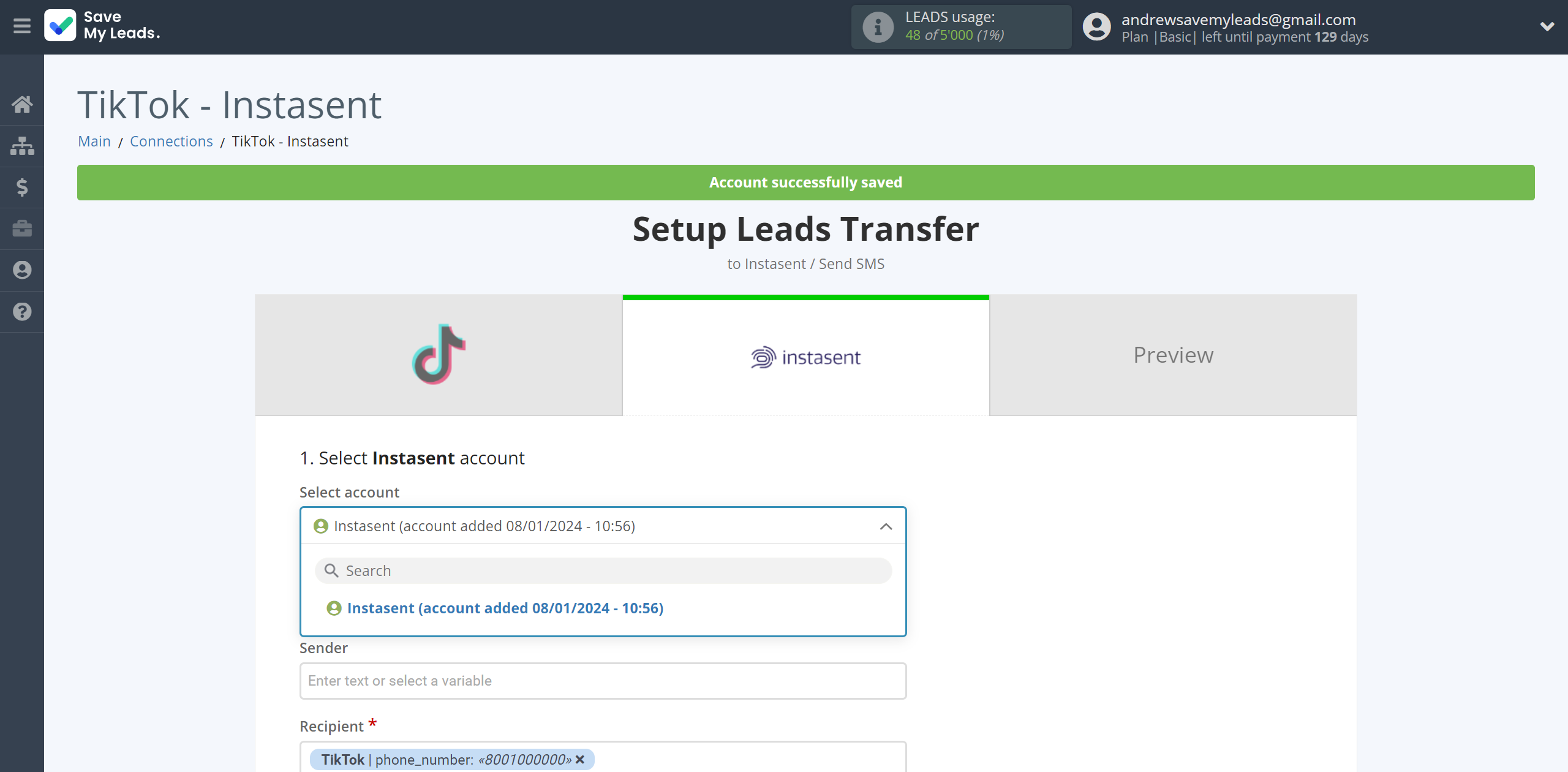 How to Connect TikTok with Instasent | Data Destination account selection How to Connect TikTok with Instasent | Data Destination account selection