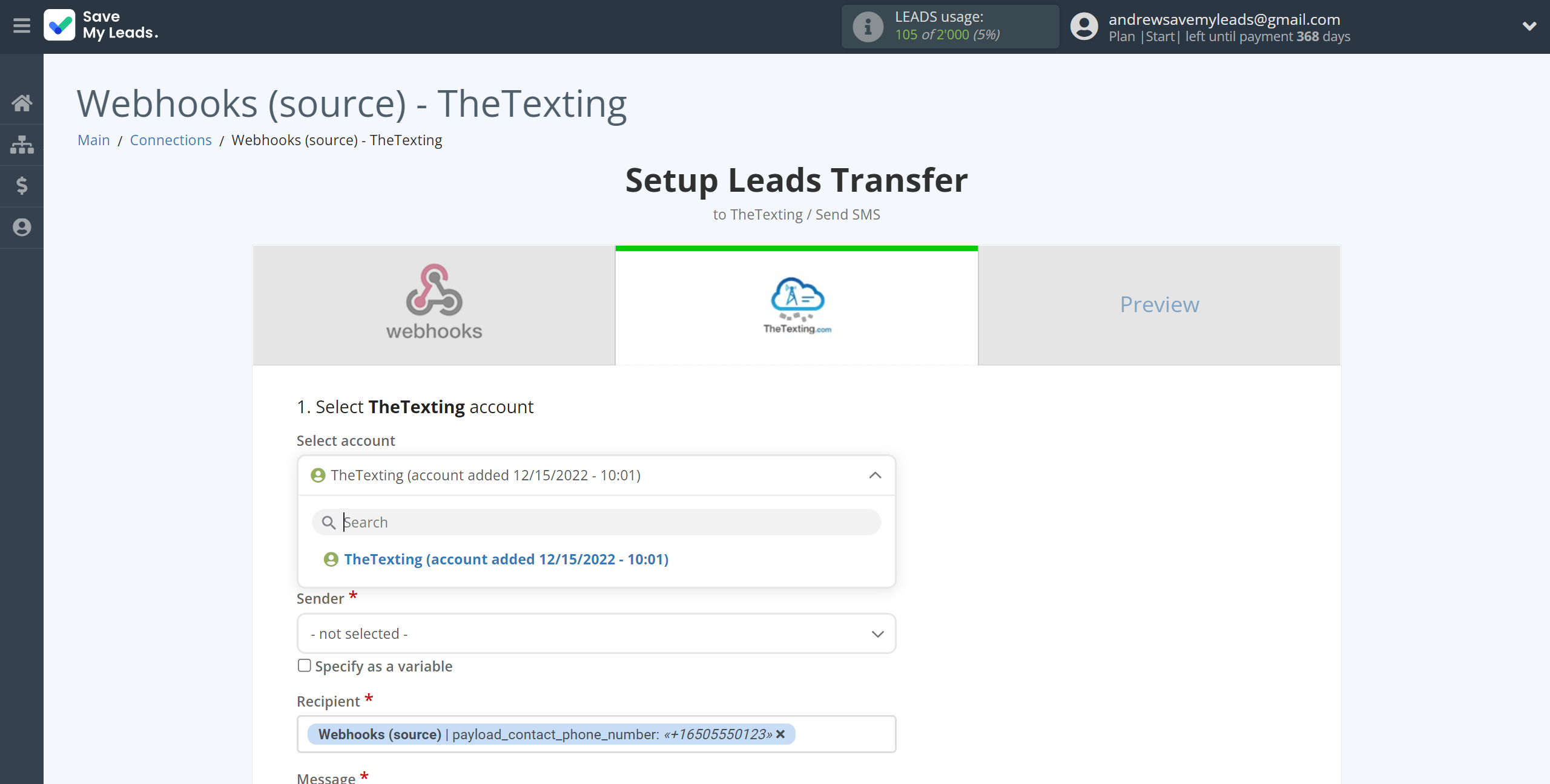 How to Connect Webhooks with TheTexting | Data Destination account selection How to Connect Webhooks with TheTexting | Data Destination account selection