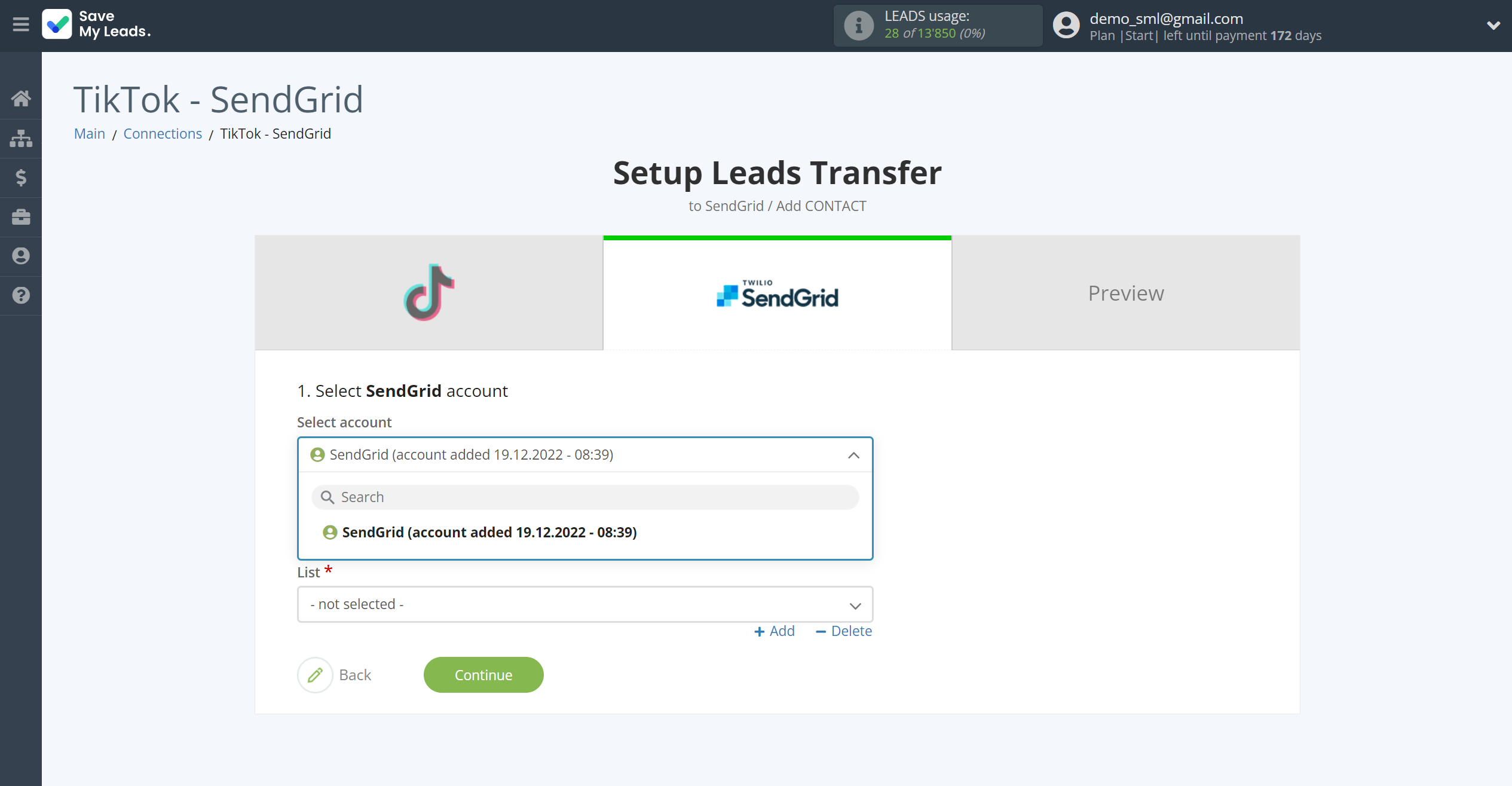 How to Connect TikTok with SendGrid | Data Destination account selection How to Connect TikTok with SendGrid | Data Destination account selection