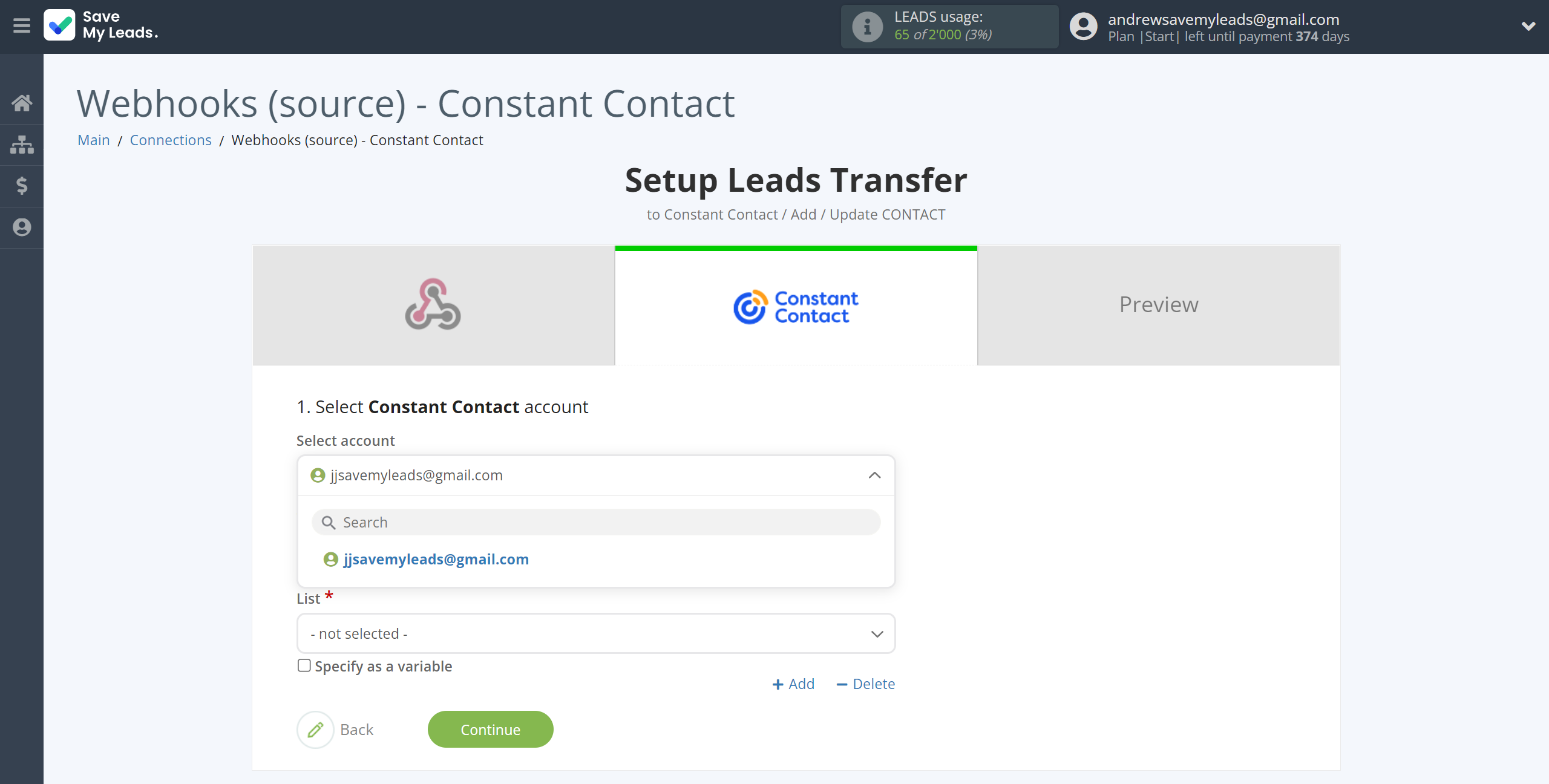 How to Connect Webhooks with Constant Contact | Data Destination account selection How to Connect Webhooks with Constant Contact | Data Destination account selection