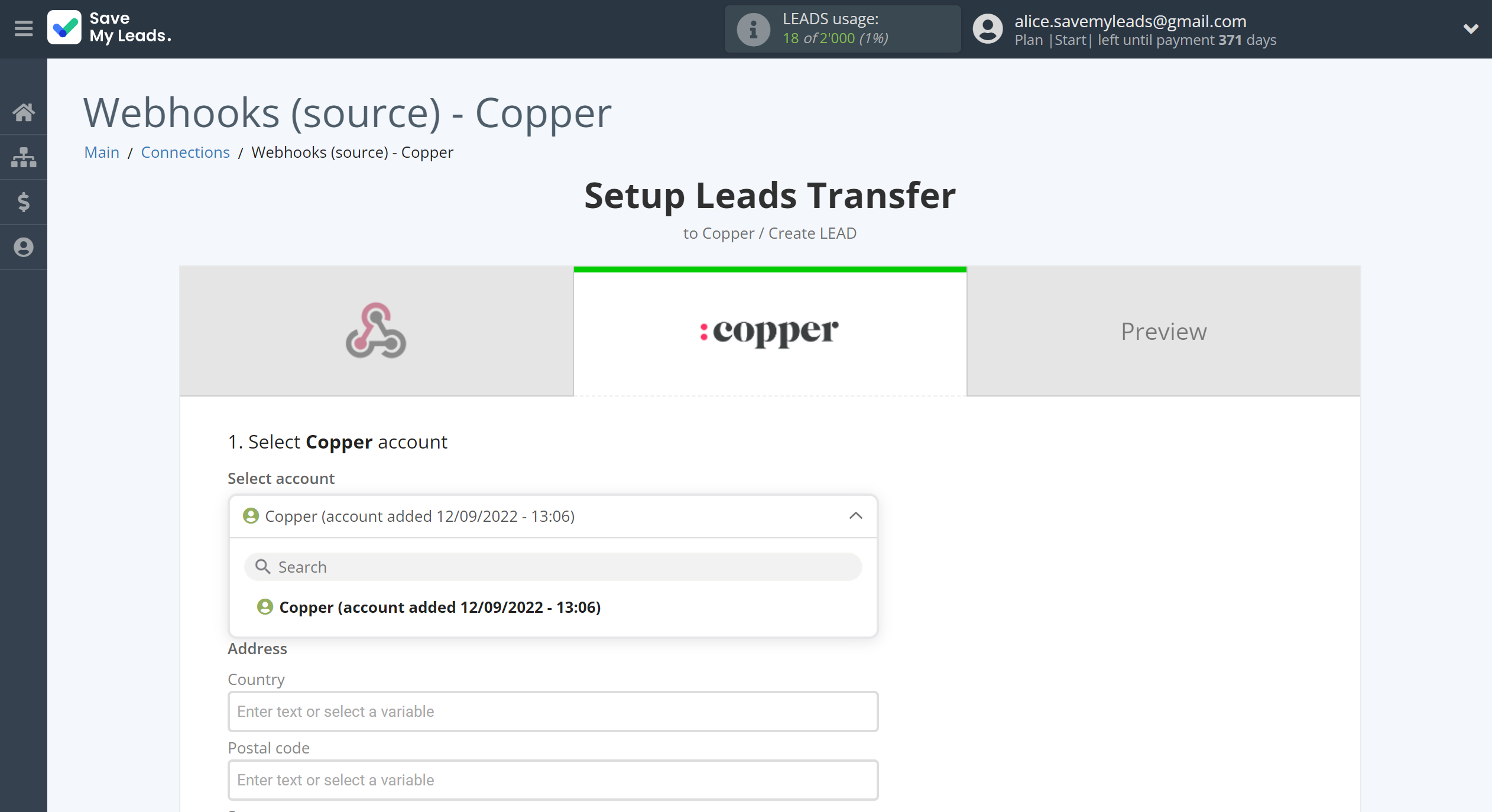 How to Connect Webhooks with Copper Create Lead | Data Destination account selection How to Connect Webhooks with Copper Create Lead | Data Destination account selection