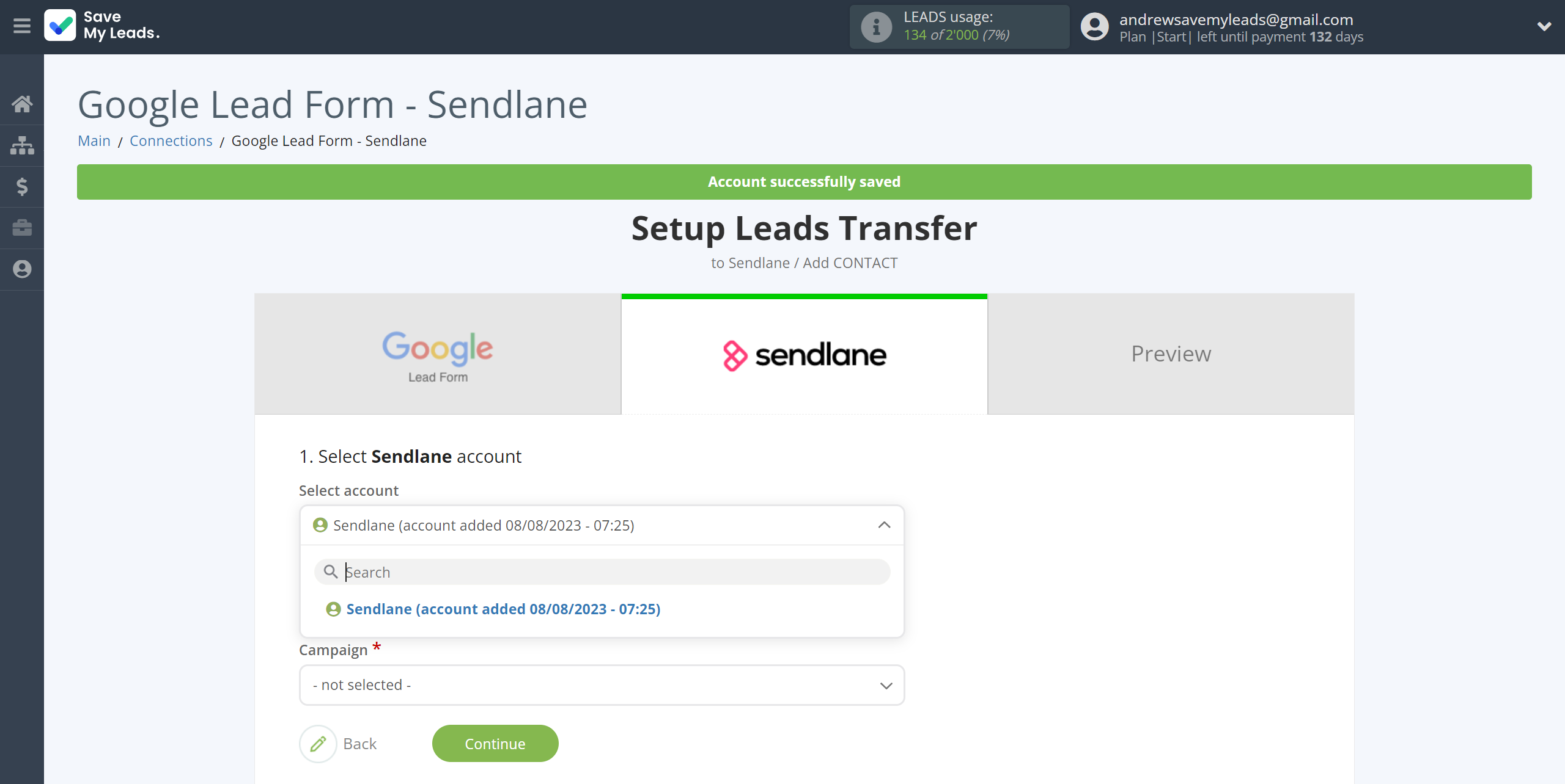 How to Connect Google Lead Form with Sendlane Add Contacts | Data Destination account selection How to Connect Google Lead Form with Sendlane Add Contacts | Data Destination account selection