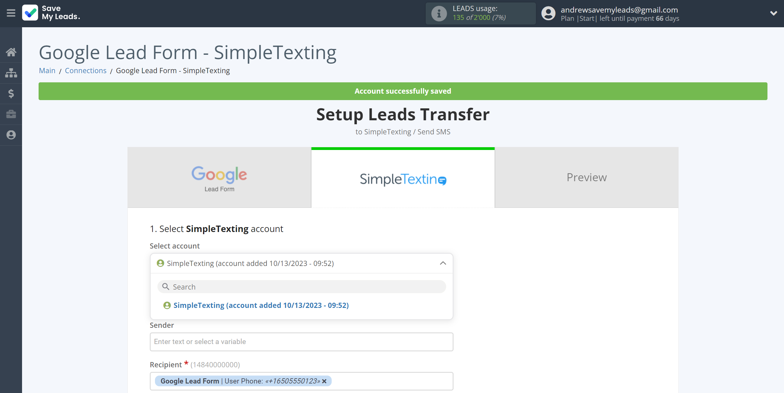 How to Connect Google Lead Form with SimpleTexting | Data Destination account selection How to Connect Google Lead Form with SimpleTexting | Data Destination account selection