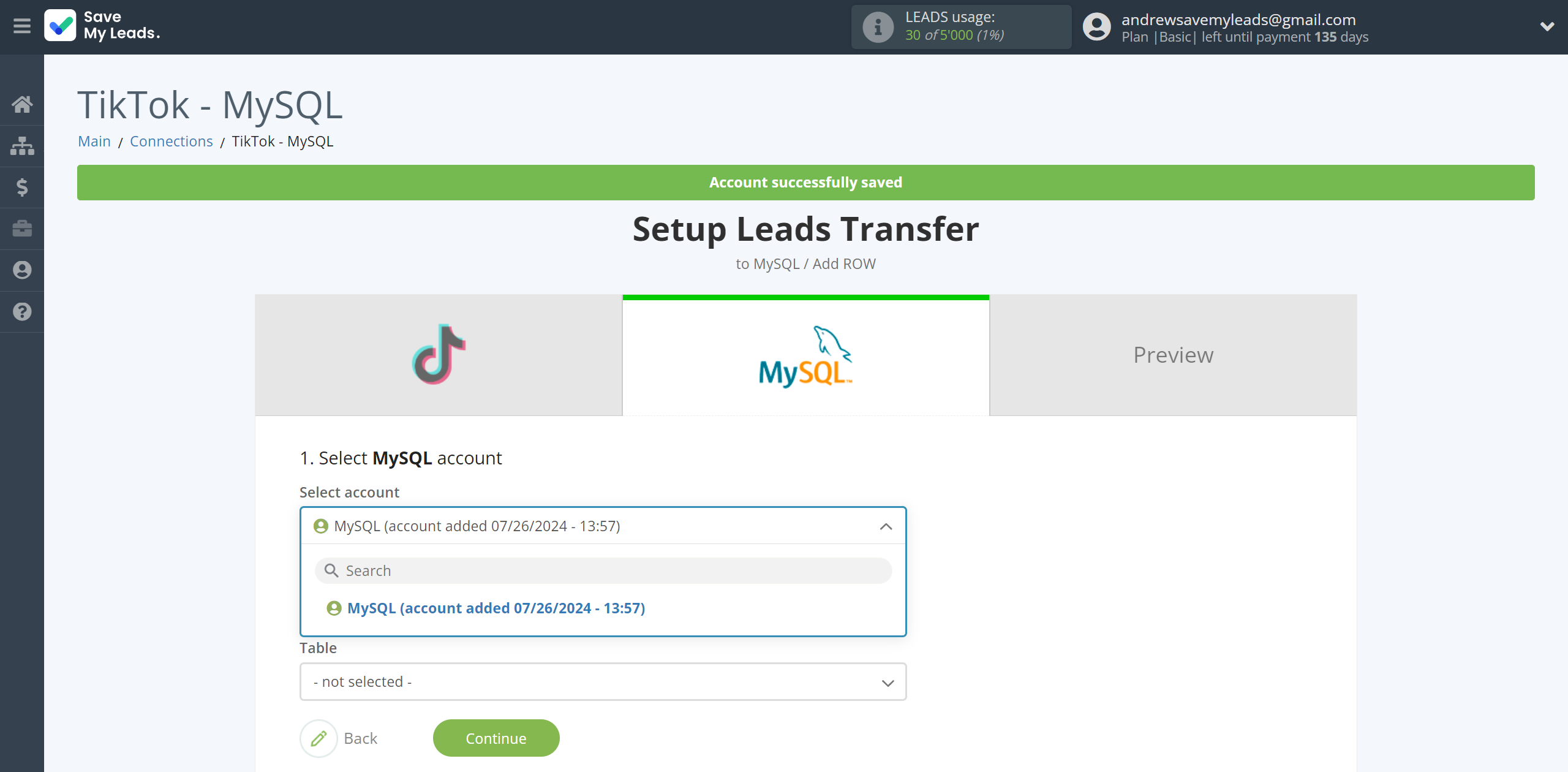 How to Connect TikTok with MySQL | Data Destination account selection How to Connect TikTok with MySQL | Data Destination account selection