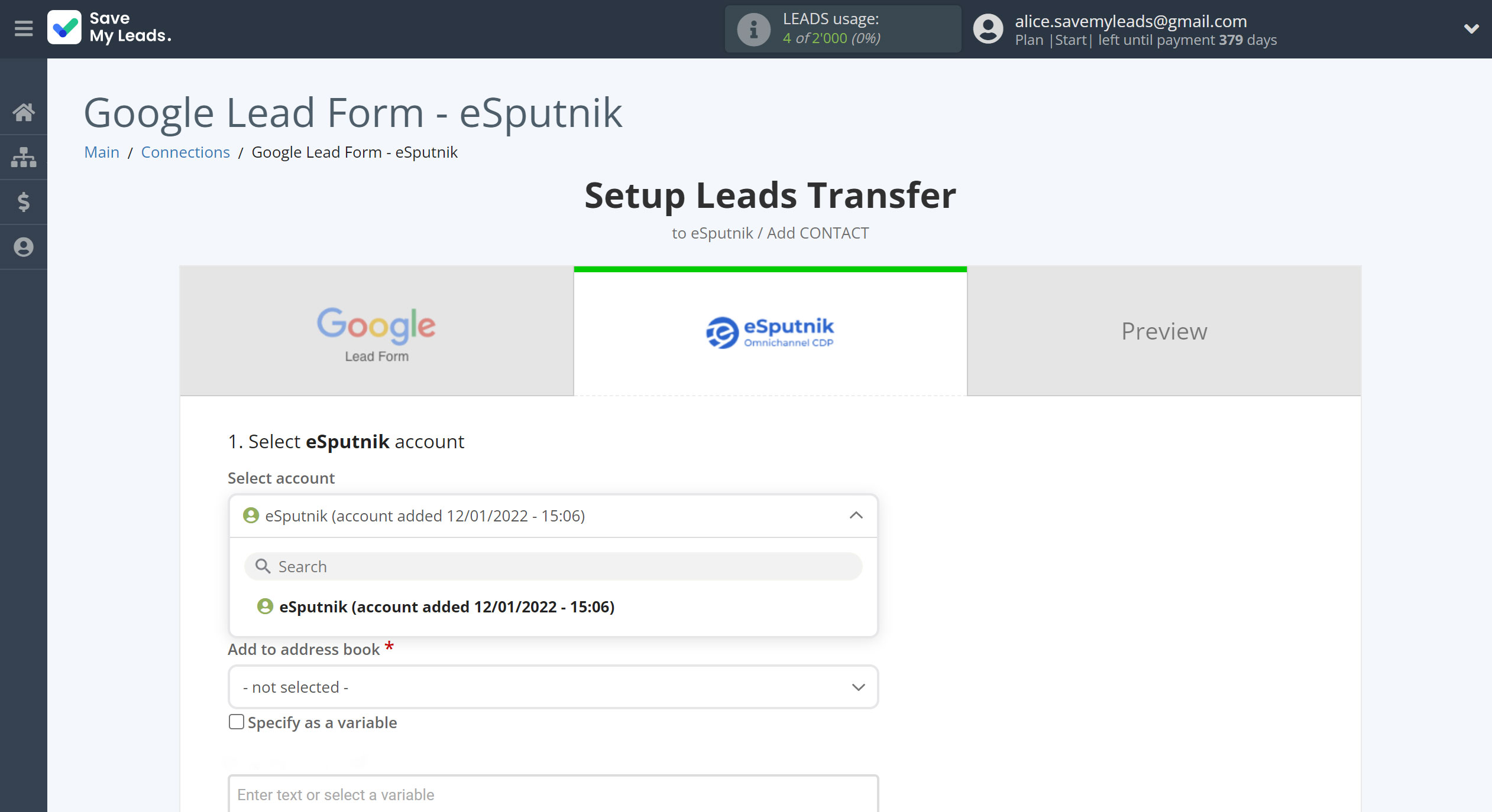 How to Connect Google Lead Form with eSputnik Add Contacts | Data Destination account selection How to Connect Google Lead Form with eSputnik Add Contacts | Data Destination account selection
