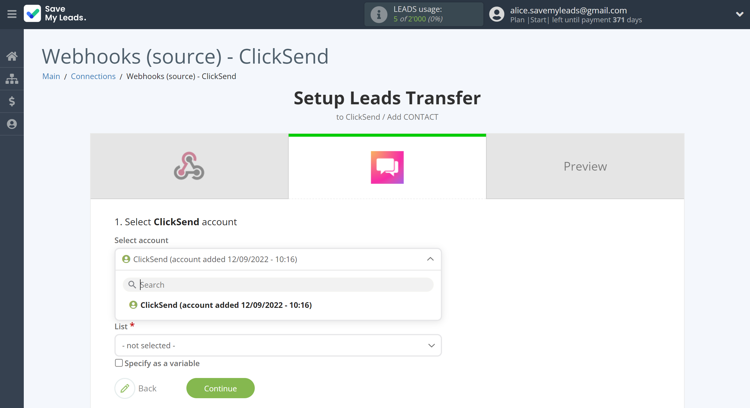How to Connect Webhooks with ClickSend Add Contacts | Data Destination account selection How to Connect Webhooks with ClickSend Add Contacts | Data Destination account selection