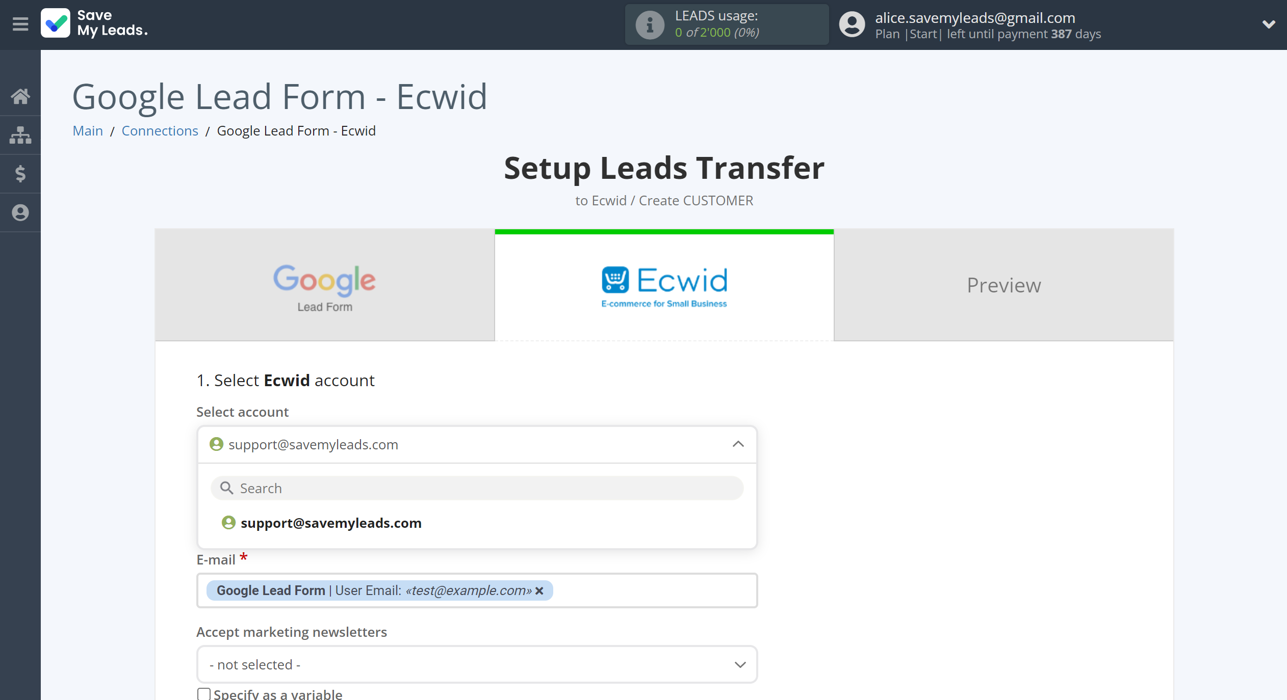 How to Connect Google Lead Form with Ecwid Create Customers | Data Destination account selection How to Connect Google Lead Form with Ecwid Create Customers | Data Destination account selection