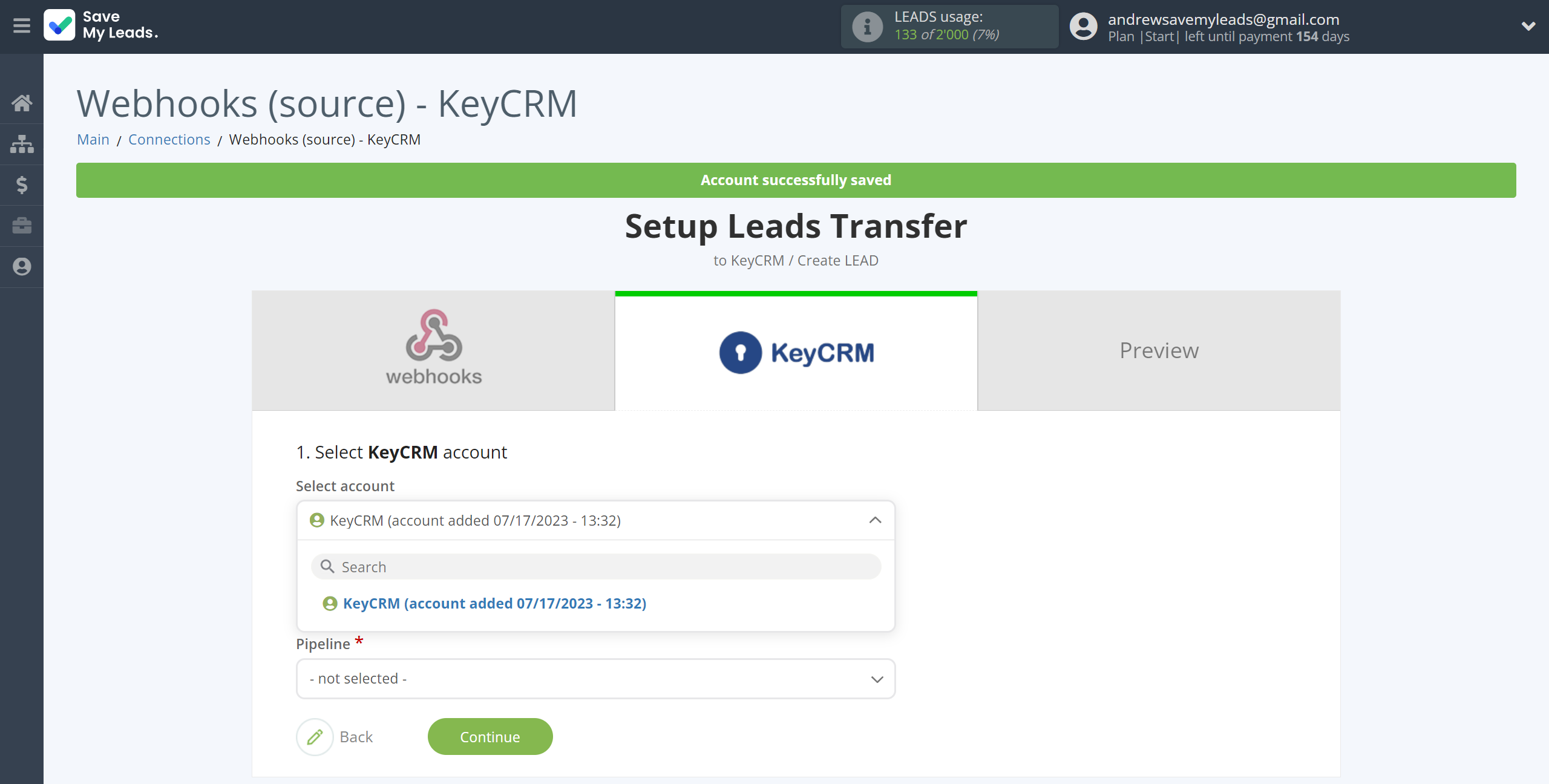 How to Connect Webhooks with KeyCRM Create Lead | Data Destination account selection How to Connect Webhooks with KeyCRM Create Lead | Data Destination account selection