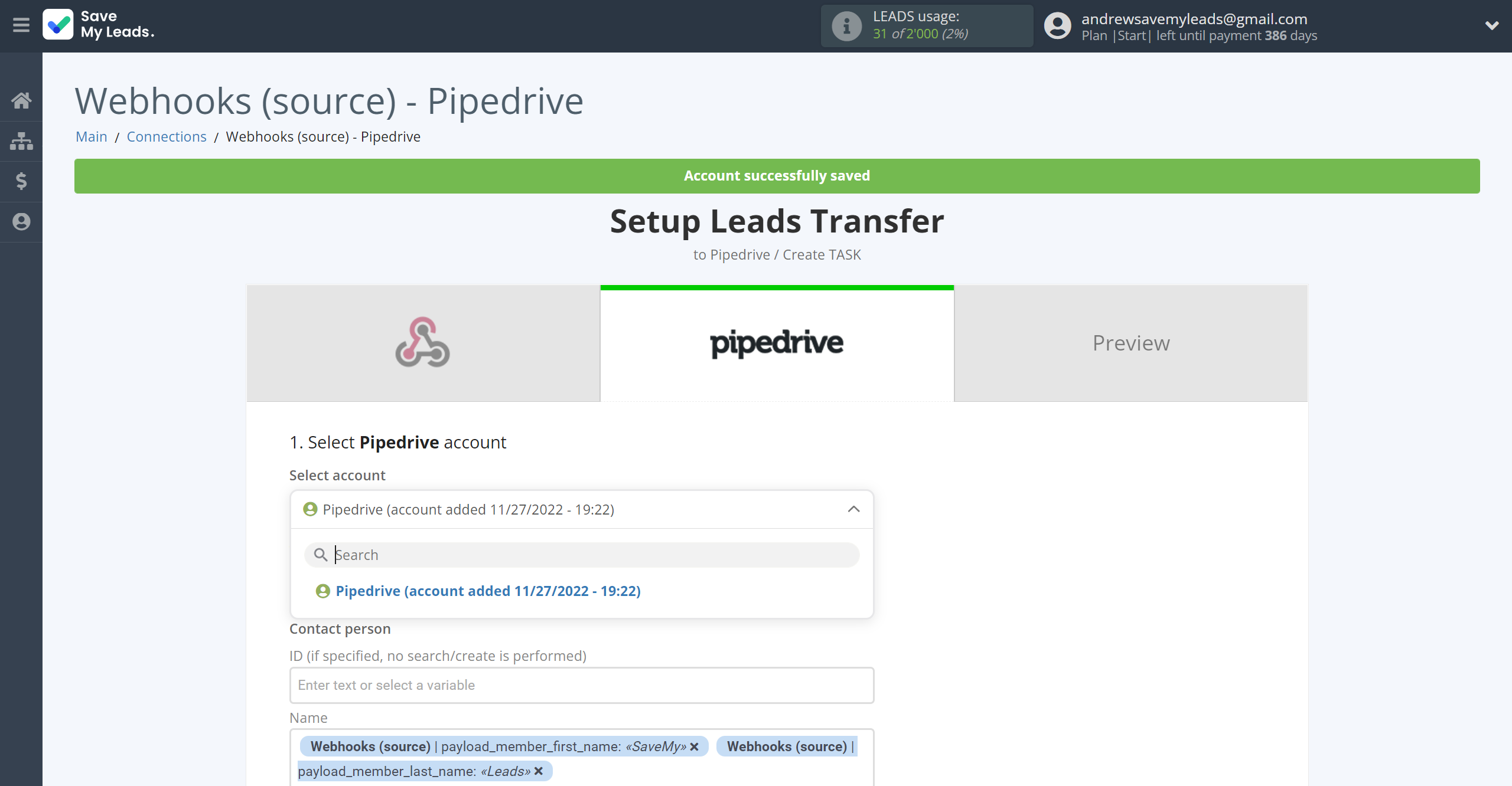 How to Connect Webhooks with Pipedrive Create Task | Data Destination account selection How to Connect Webhooks with Pipedrive Create Task | Data Destination account selection