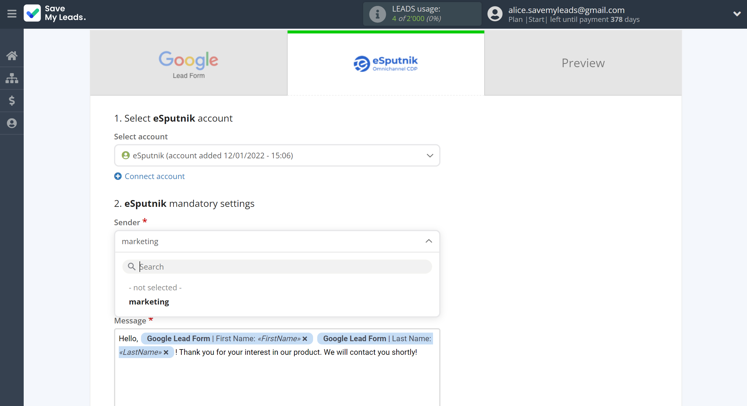 How to Connect Google Lead Form with eSputnik Send SMS | Assigning fields How to Connect Google Lead Form with eSputnik Send SMS | Assigning fields