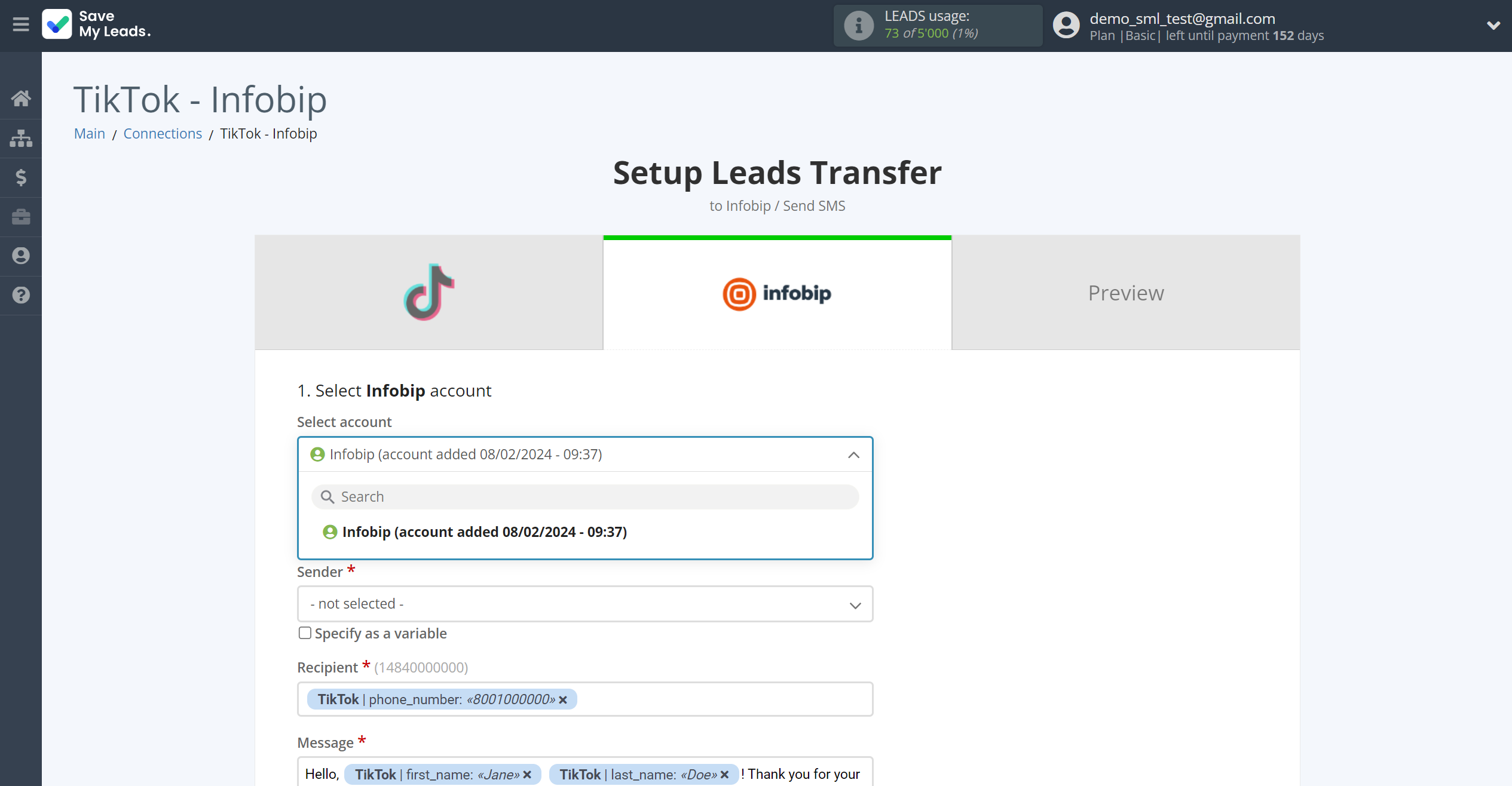 How to Connect TikTok with Infobip | Data Destination account selection How to Connect TikTok with Infobip | Data Destination account selection