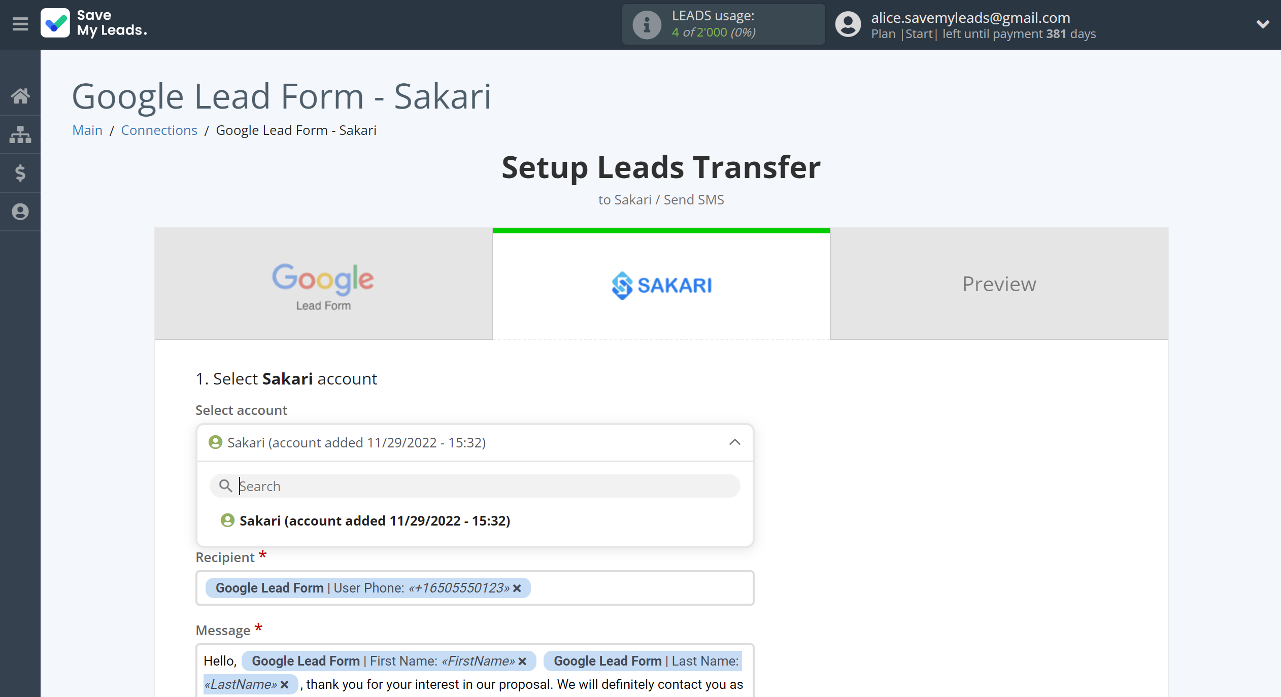 How to Connect Google Lead Form with Sakari | Data Destination account selection How to Connect Google Lead Form with Sakari | Data Destination account selection
