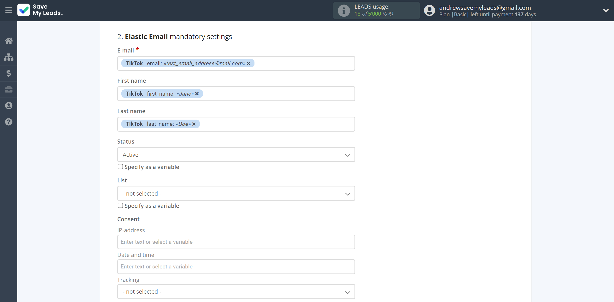 How to Connect TikTok with Elastic Email Create Contacts | Assigning fields How to Connect TikTok with Elastic Email Create Contacts | Assigning fields