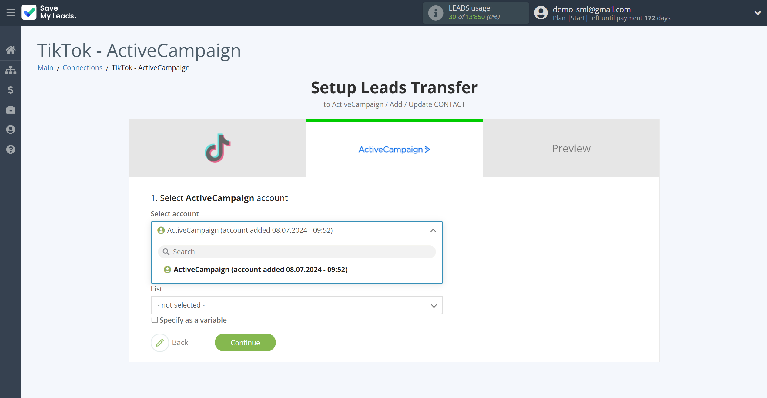 How to Connect TikTok with ActiveCampaign Create Contacts | Data Destination account selection How to Connect TikTok with ActiveCampaign Create Contacts | Data Destination account selection