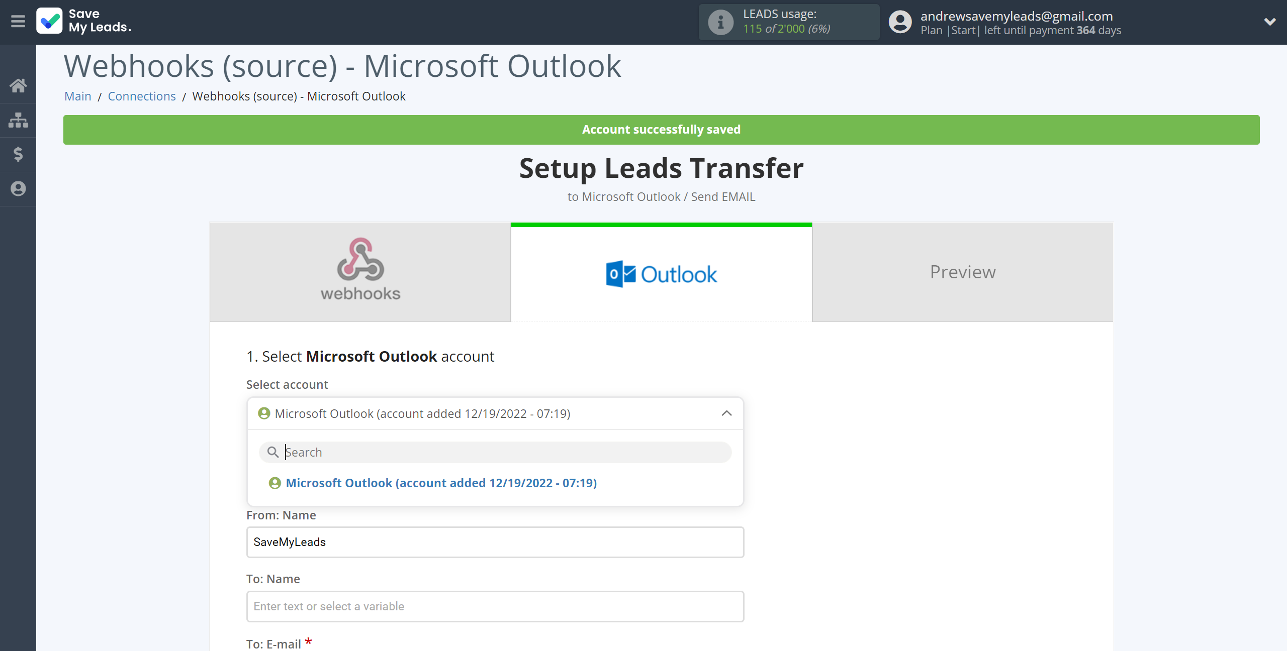 How to Connect Webhooks with Microsoft Outlook | Data Destination account selection How to Connect Webhooks with Microsoft Outlook | Data Destination account selection