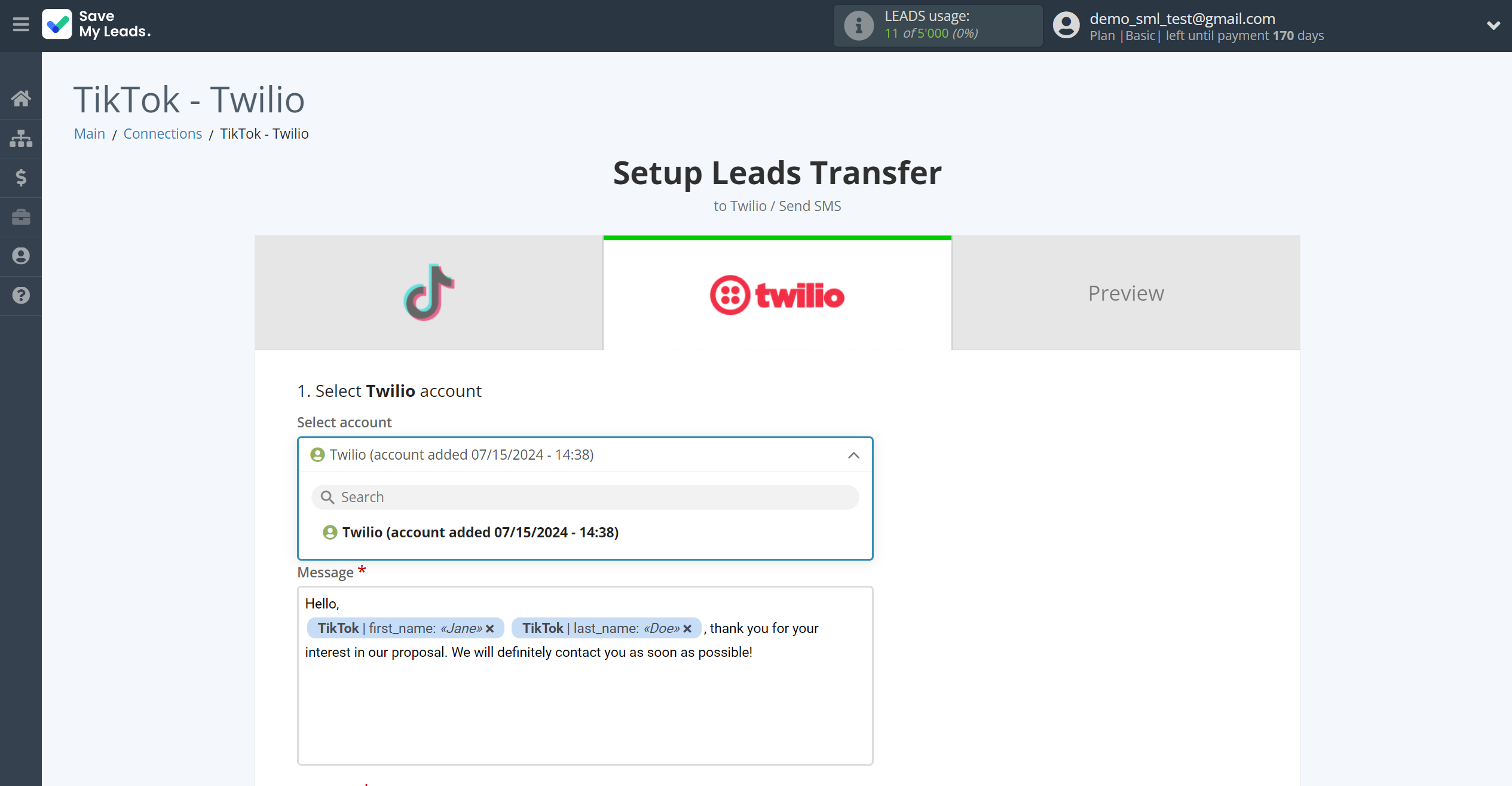 How to Connect TikTok with Twilio | Data Destination account selection How to Connect TikTok with Twilio | Data Destination account selection