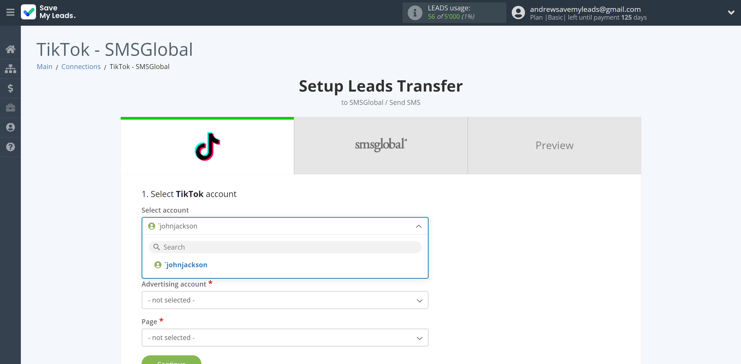 How to Connect TikTok with SMSGlobal | Data Source account selection How to Connect TikTok with SMSGlobal | Data Source account selection