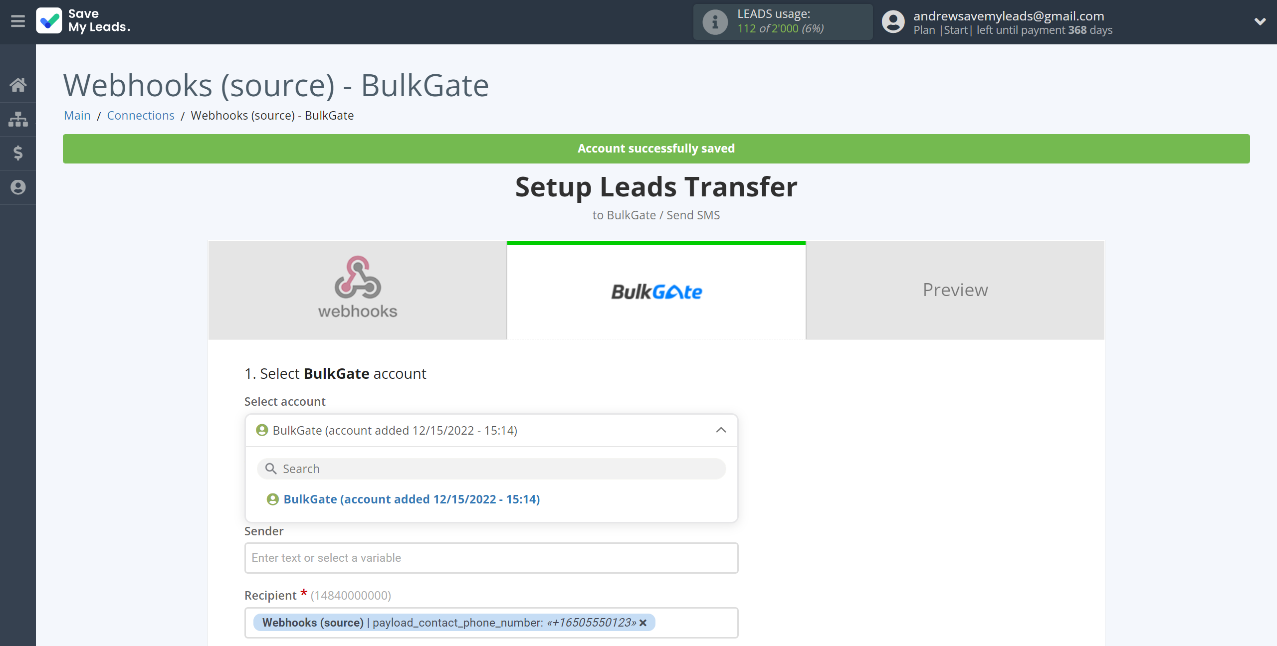 How to Connect Webhooks with BulkGate | Data Destination account selection How to Connect Webhooks with BulkGate | Data Destination account selection