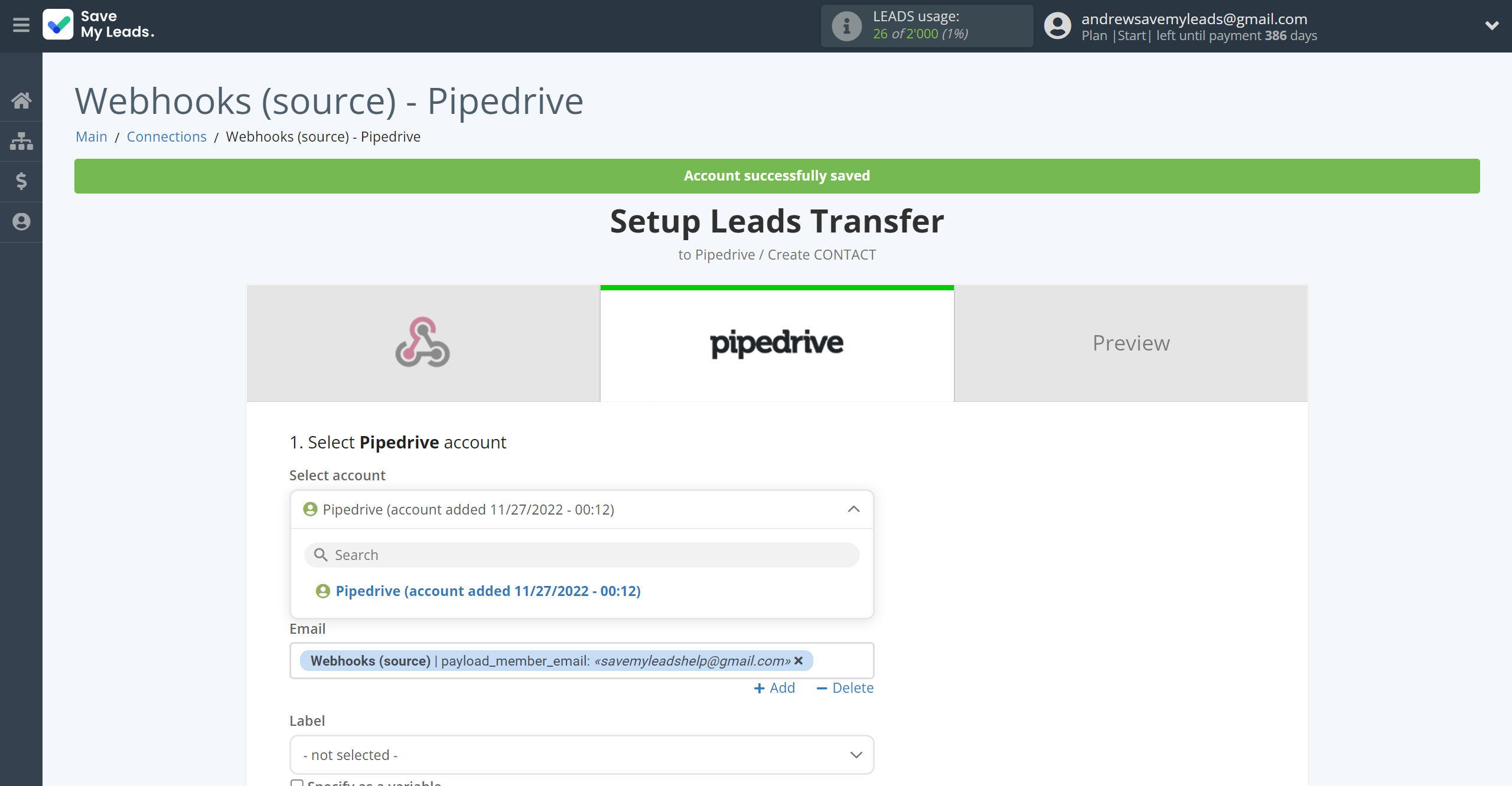 How to Connect Webhooks with Pipedrive Create Contacts | Data Destination account selection How to Connect Webhooks with Pipedrive Create Contacts | Data Destination account selection