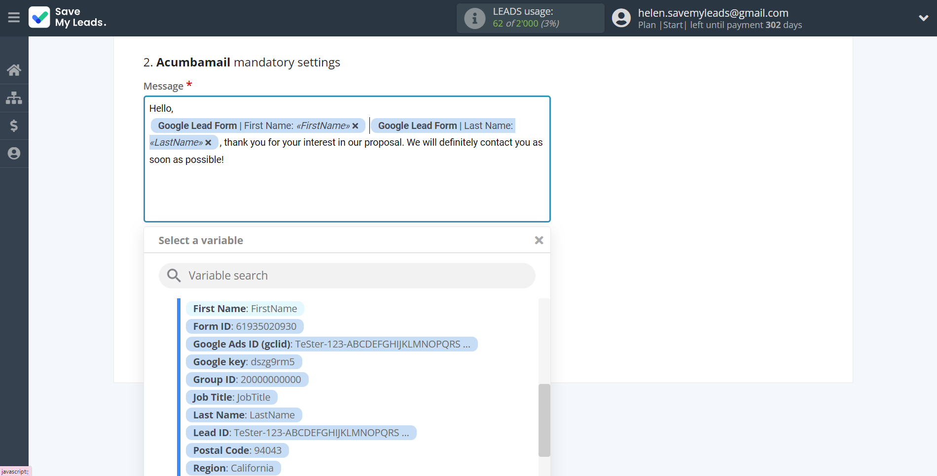 How to Connect Google Lead Form with Acumbamail Send SMS | Assigning fields How to Connect Google Lead Form with Acumbamail Send SMS | Assigning fields