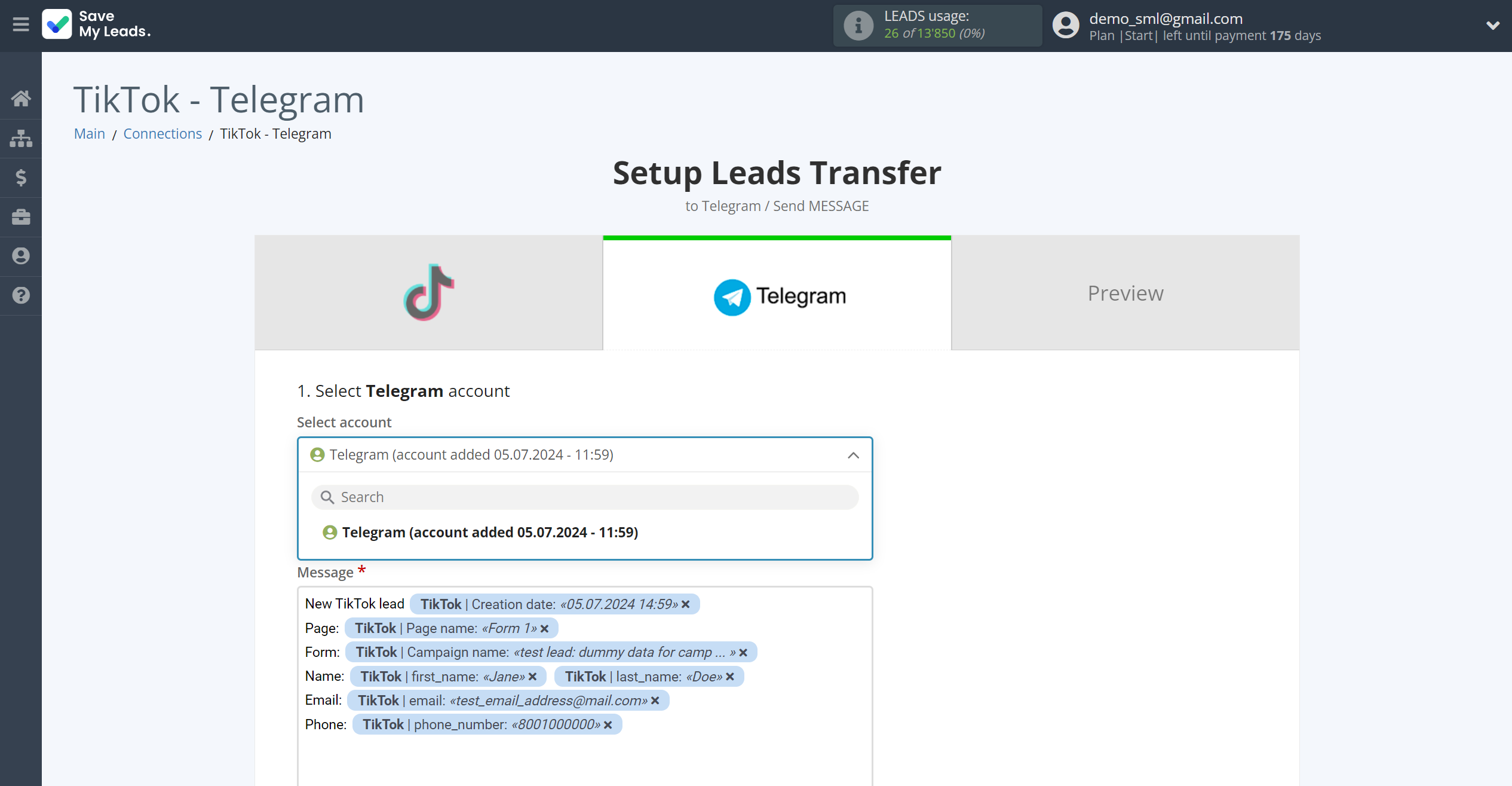 How to Connect TikTok with Telegram | Data Destination account selection How to Connect TikTok with Telegram | Data Destination account selection