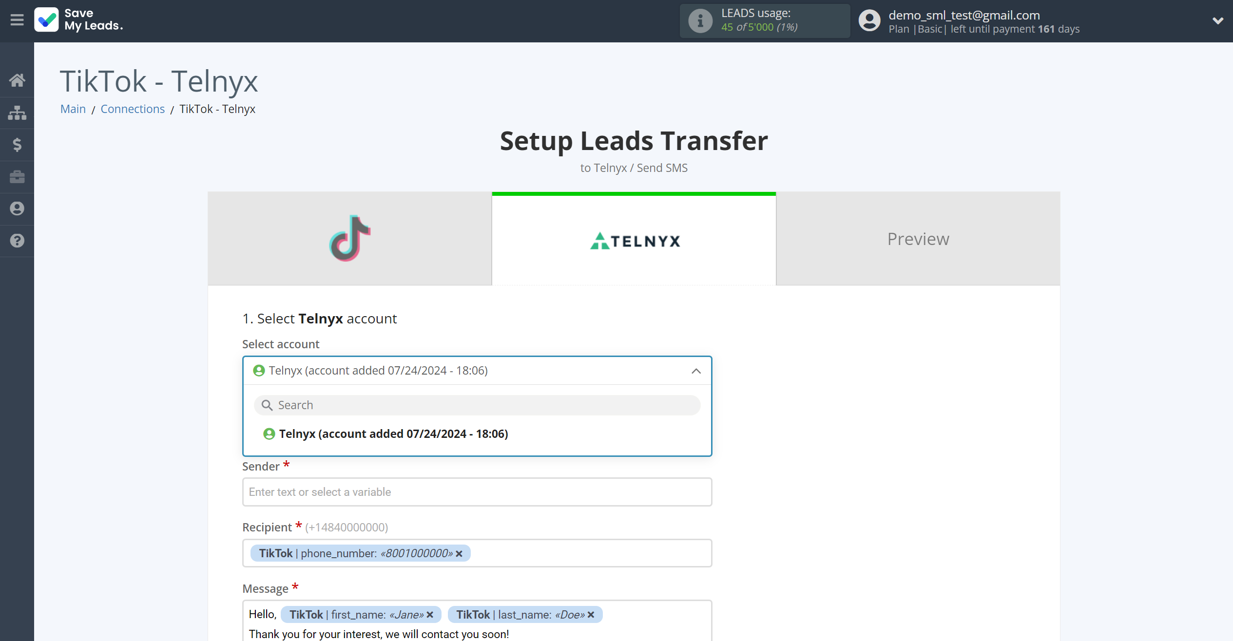 How to Connect TikTok with Telnyx | Data Destination account selection How to Connect TikTok with Telnyx | Data Destination account selection