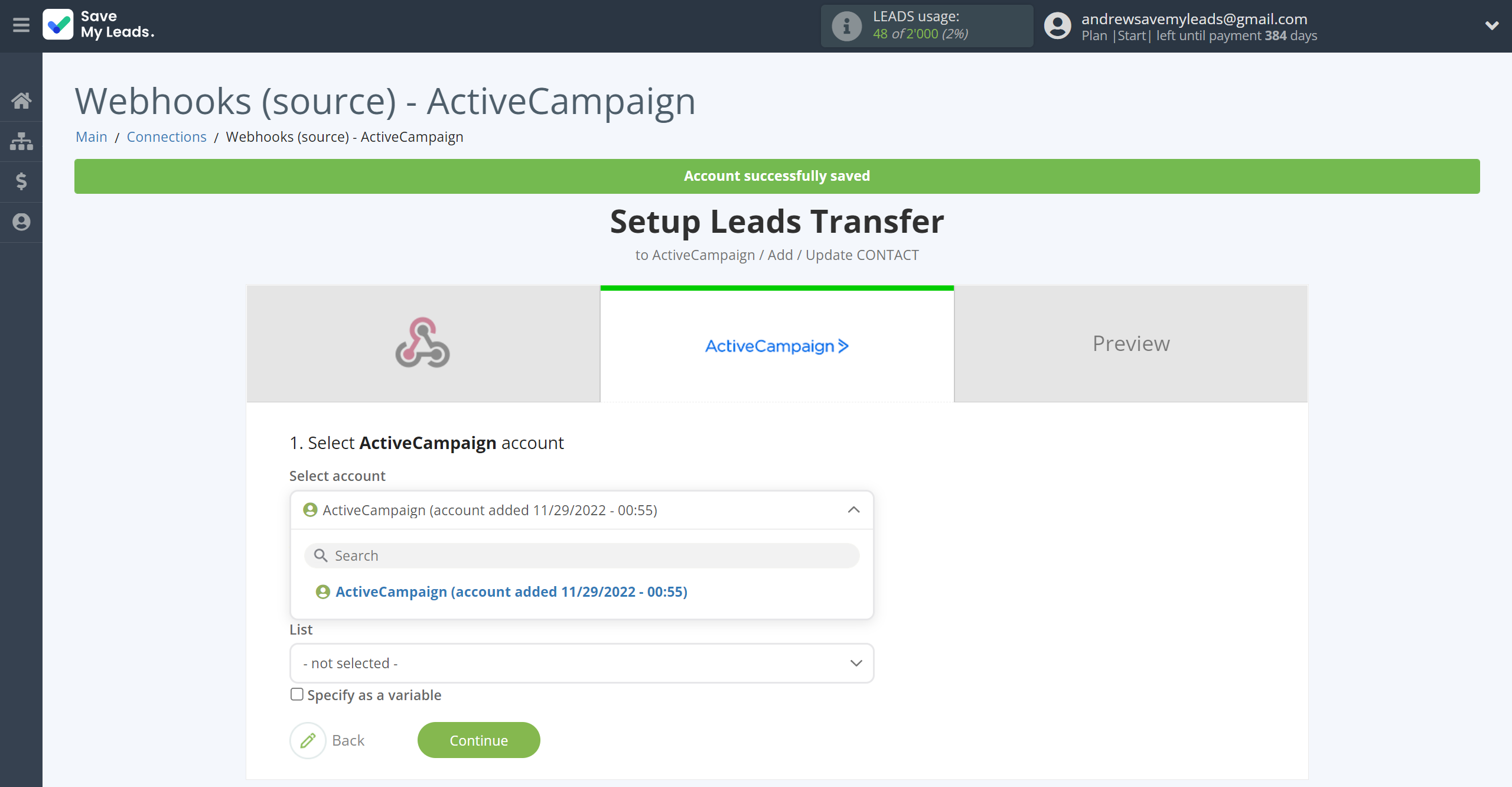 How to Connect Webhooks with ActiveCampaign Create Contacts | Data Destination account selection How to Connect Webhooks with ActiveCampaign Create Contacts | Data Destination account selection