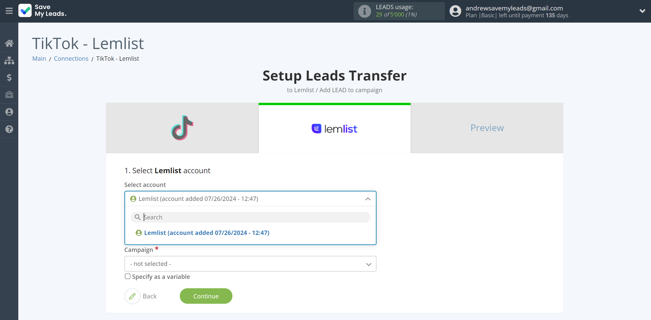 How to Connect TikTok with Lemlist | Data Destination account selection How to Connect TikTok with Lemlist | Data Destination account selection