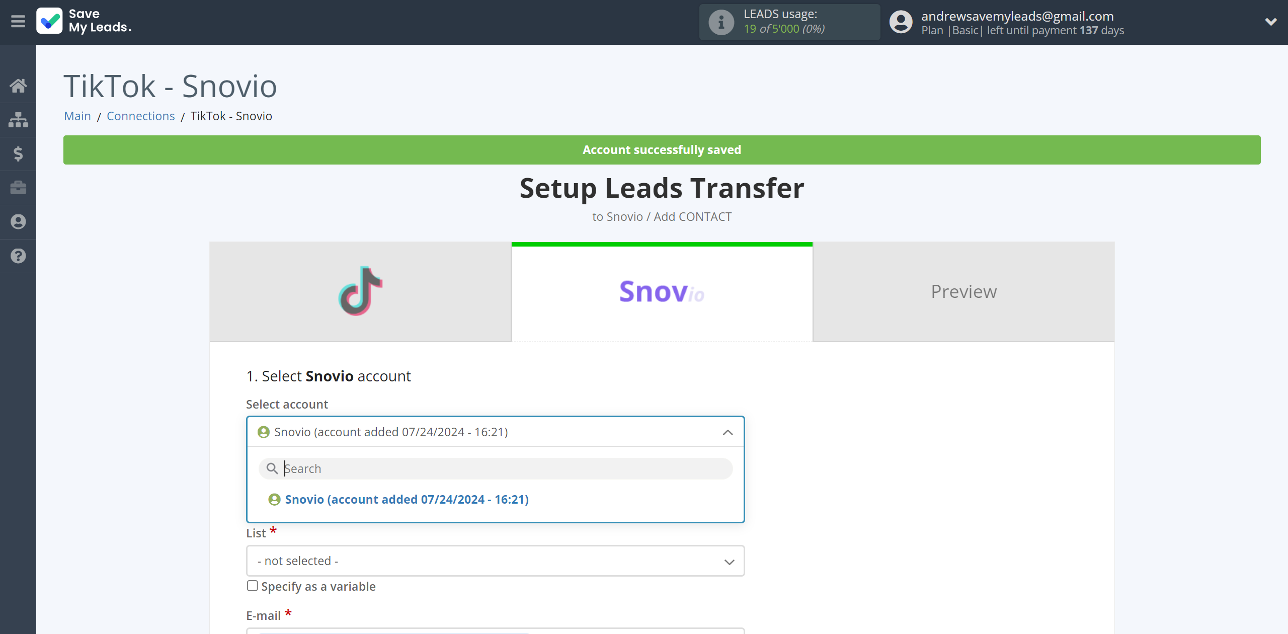 How to Connect TikTok with Snovio Add Contacts | Data Destination account selection How to Connect TikTok with Snovio Add Contacts | Data Destination account selection