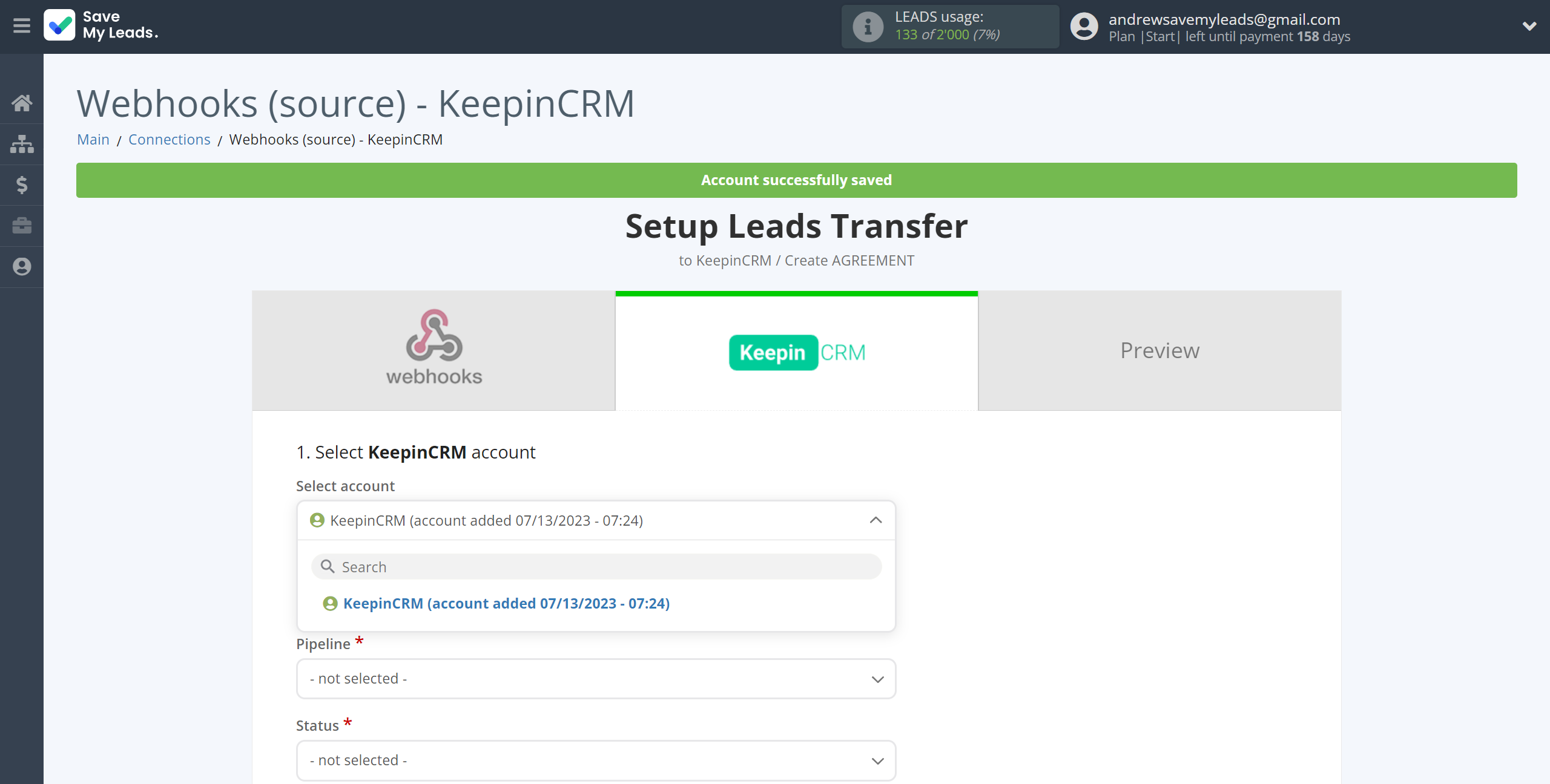 How to Connect Webhooks with KeepinCRM Create Agreement | Data Destination account selection How to Connect Webhooks with KeepinCRM Create Agreement | Data Destination account selection