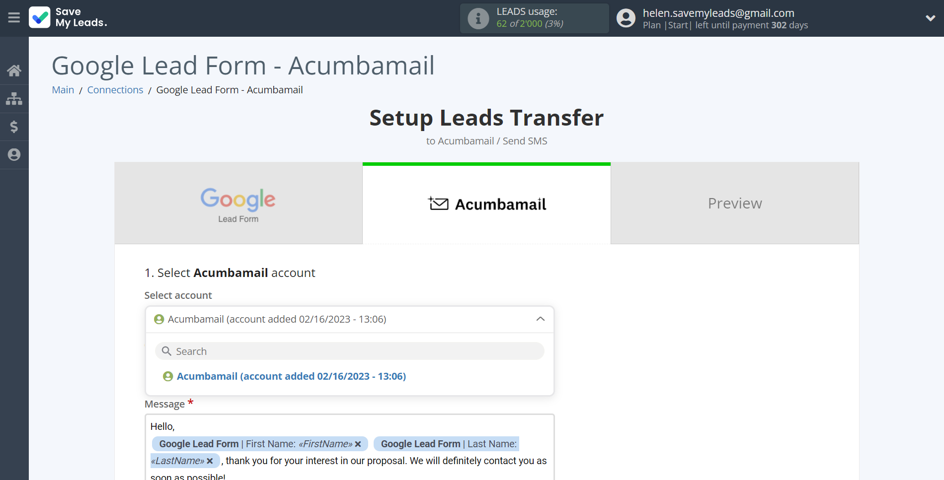 How to Connect Google Lead Form with Acumbamail Send SMS | Data Destination account selection How to Connect Google Lead Form with Acumbamail Send SMS | Data Destination account selection